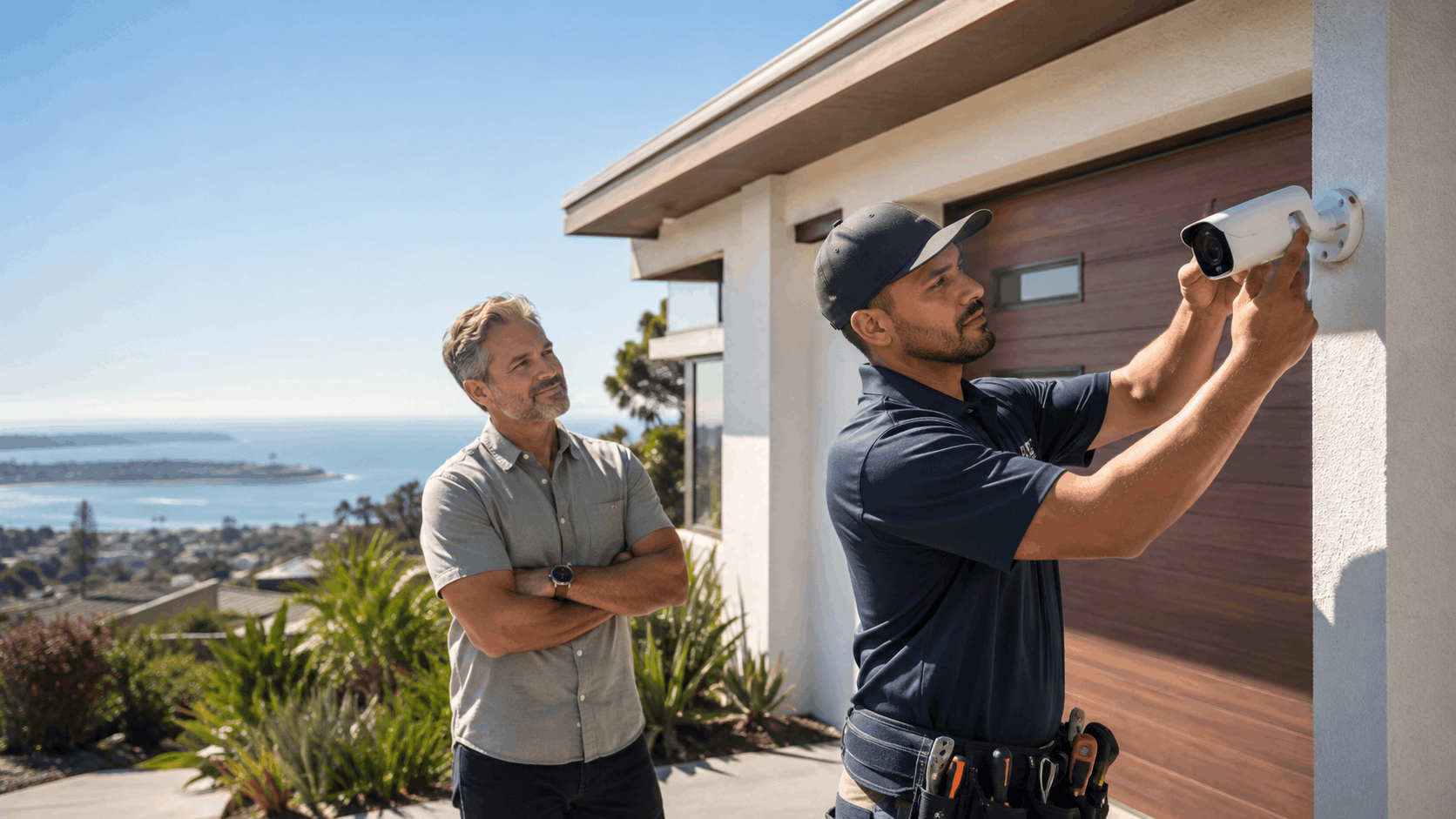 Security technician installing outdoor surveillance camera at San Diego hillside home with homeowner watching
