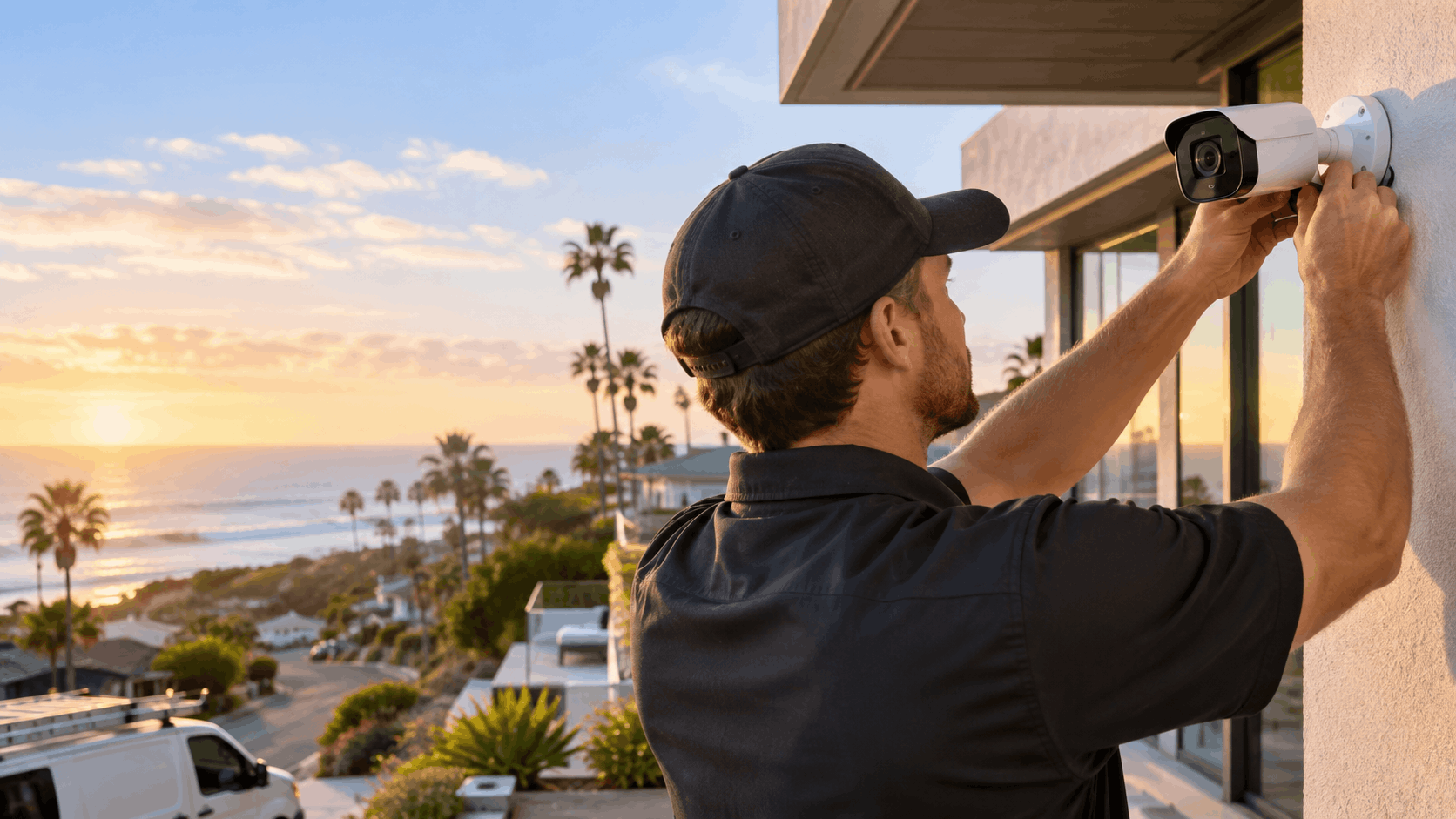 Security technician installing outdoor surveillance camera on Leucadia coastal home at sunset
