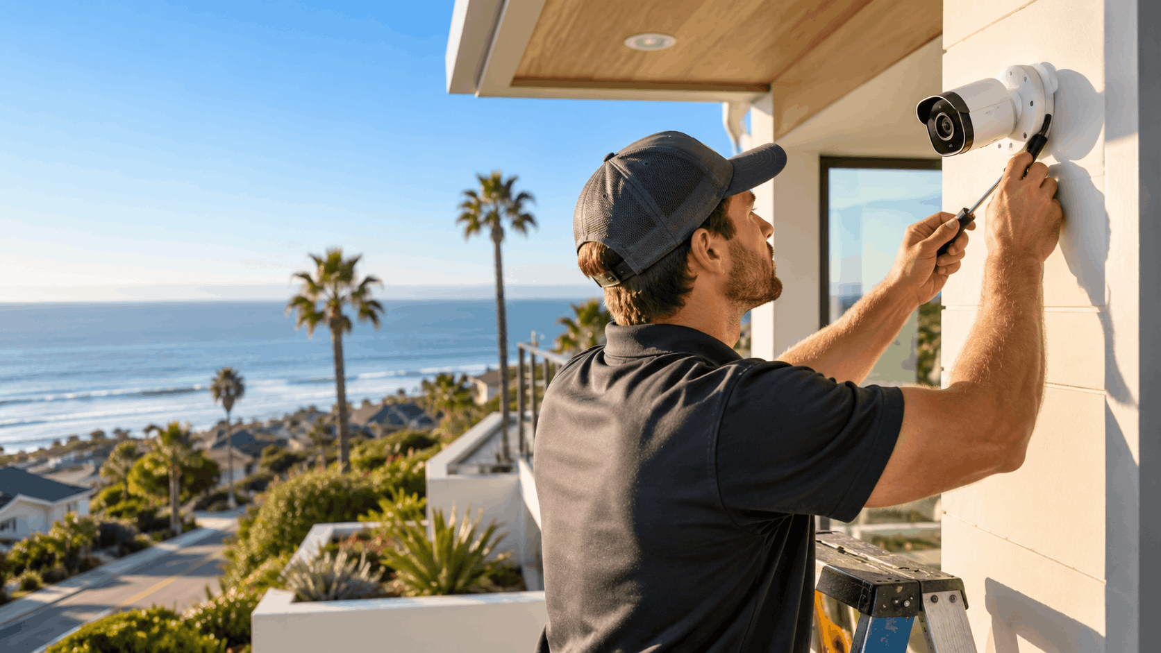 Security technician installing outdoor surveillance camera on beachfront home in Leucadia San Diego