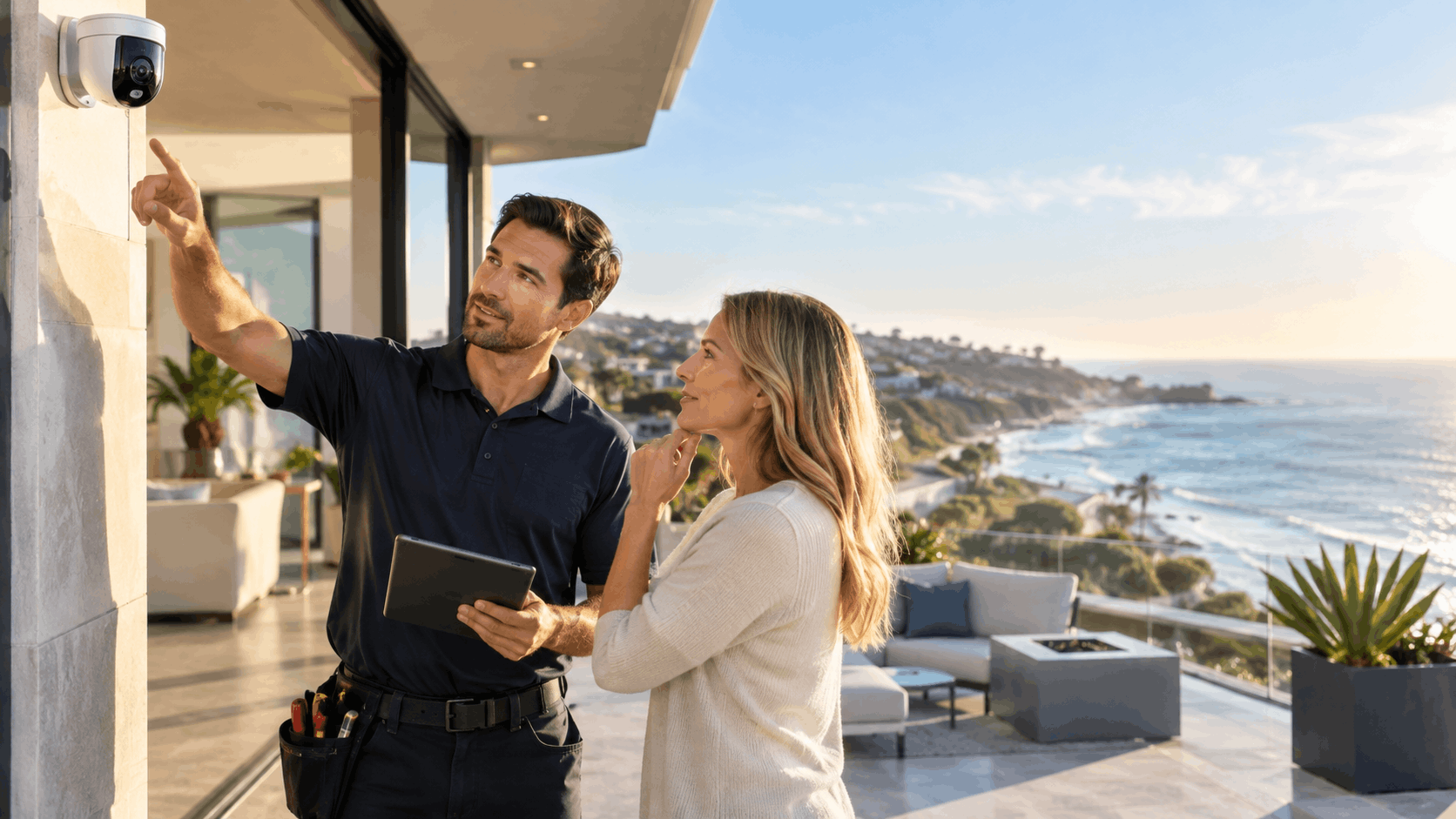Security technician showing homeowner outdoor surveillance camera at luxury coastal Del Mar property