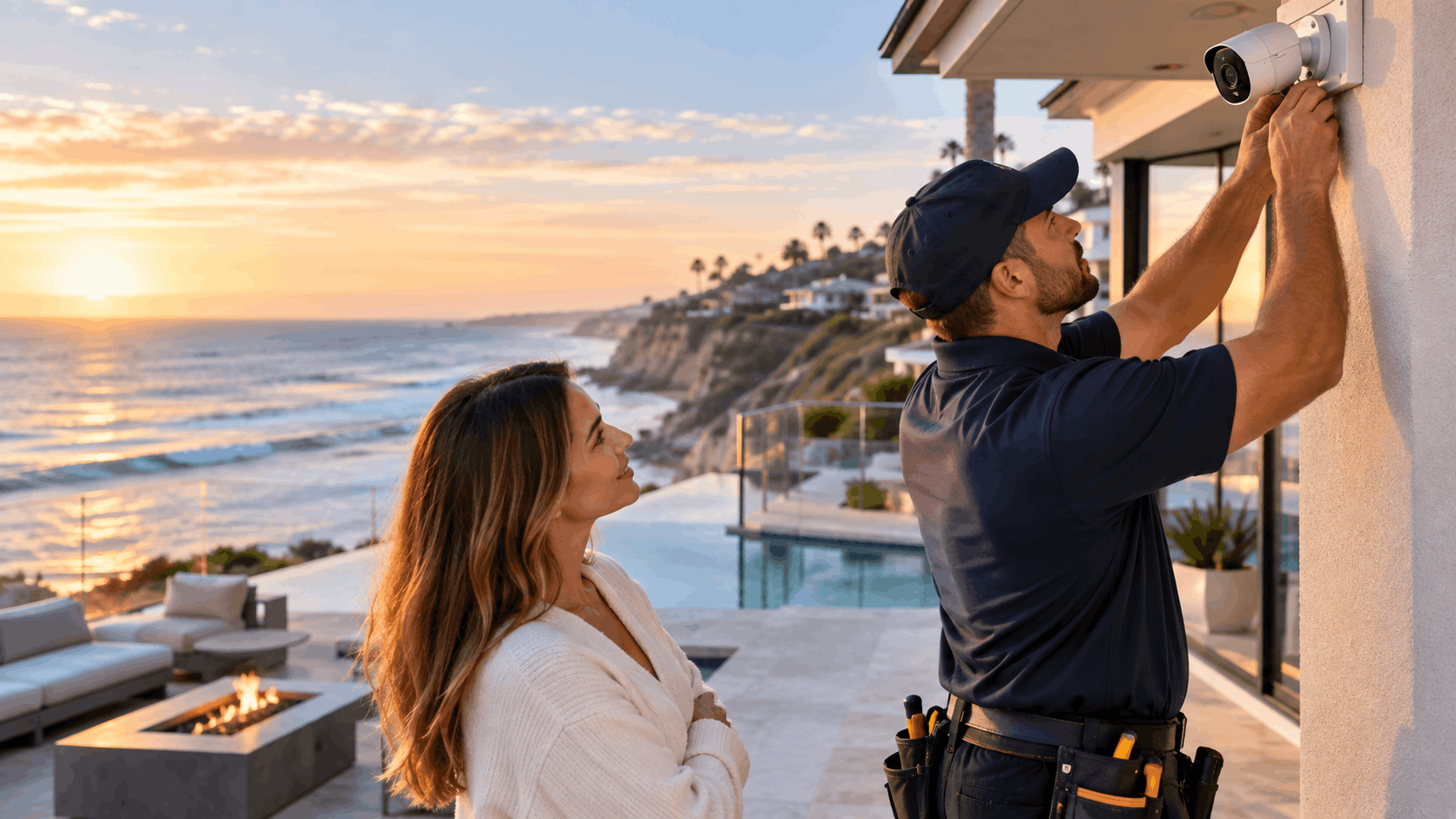 Smart Shield Systems technician installing security camera at luxury San Diego oceanfront home