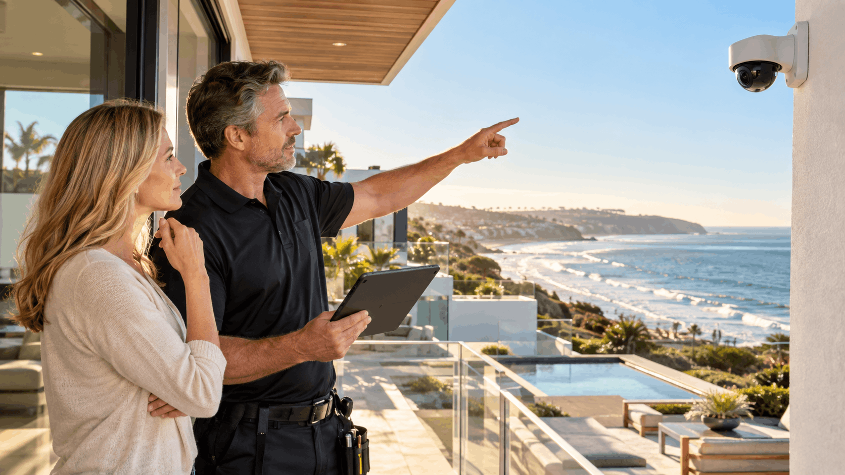 Security technician pointing at dome camera while consulting Del Mar homeowner with ocean view