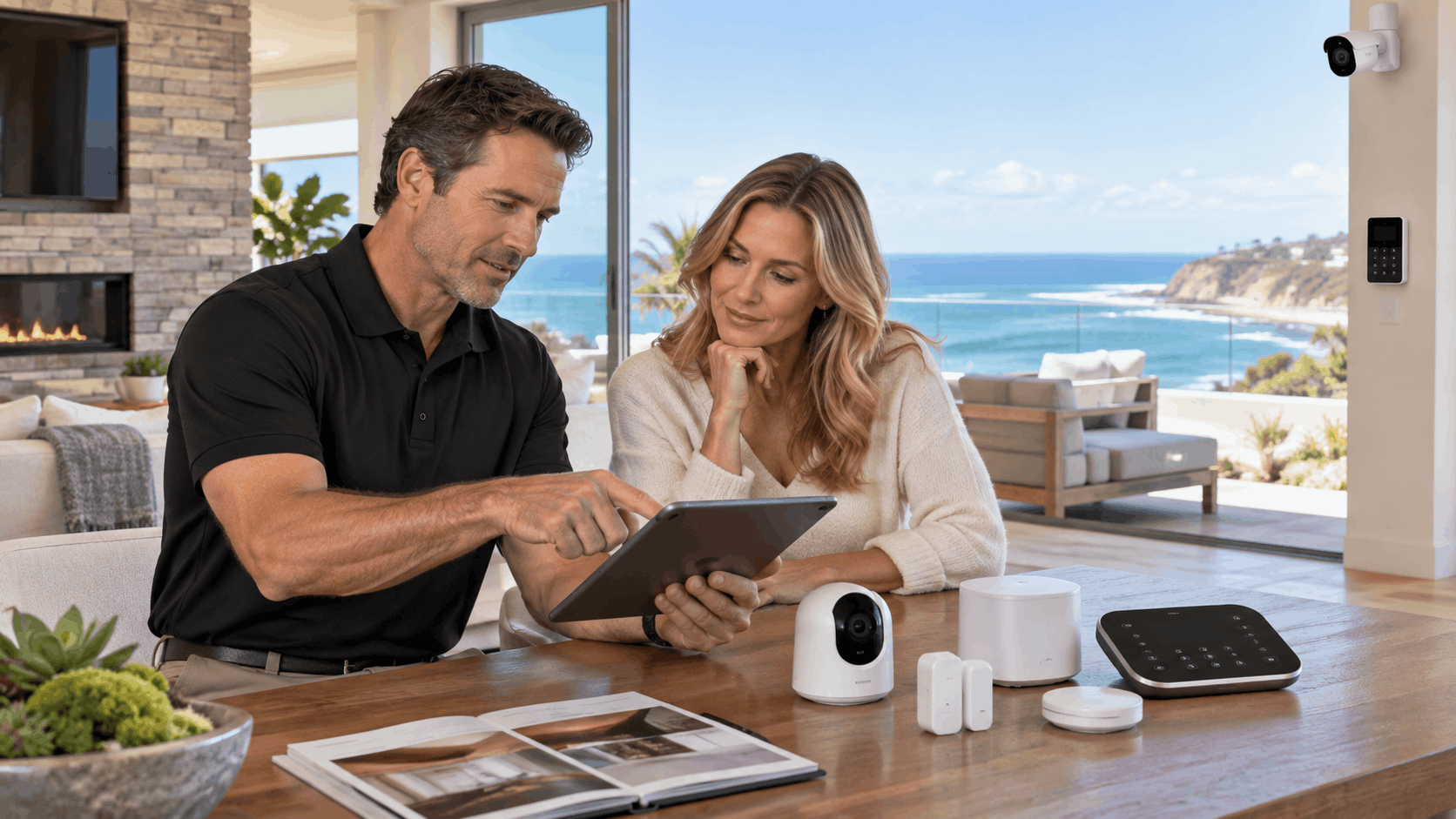 Couple reviewing Smart Shield home security system devices on tablet in Del Mar coastal home