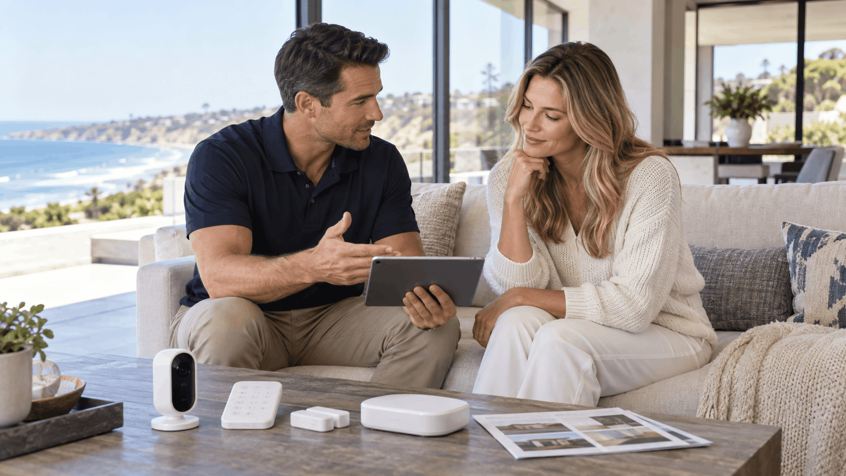 Couple reviewing Smart Shield Systems home security devices on coffee table in San Diego beachfront home