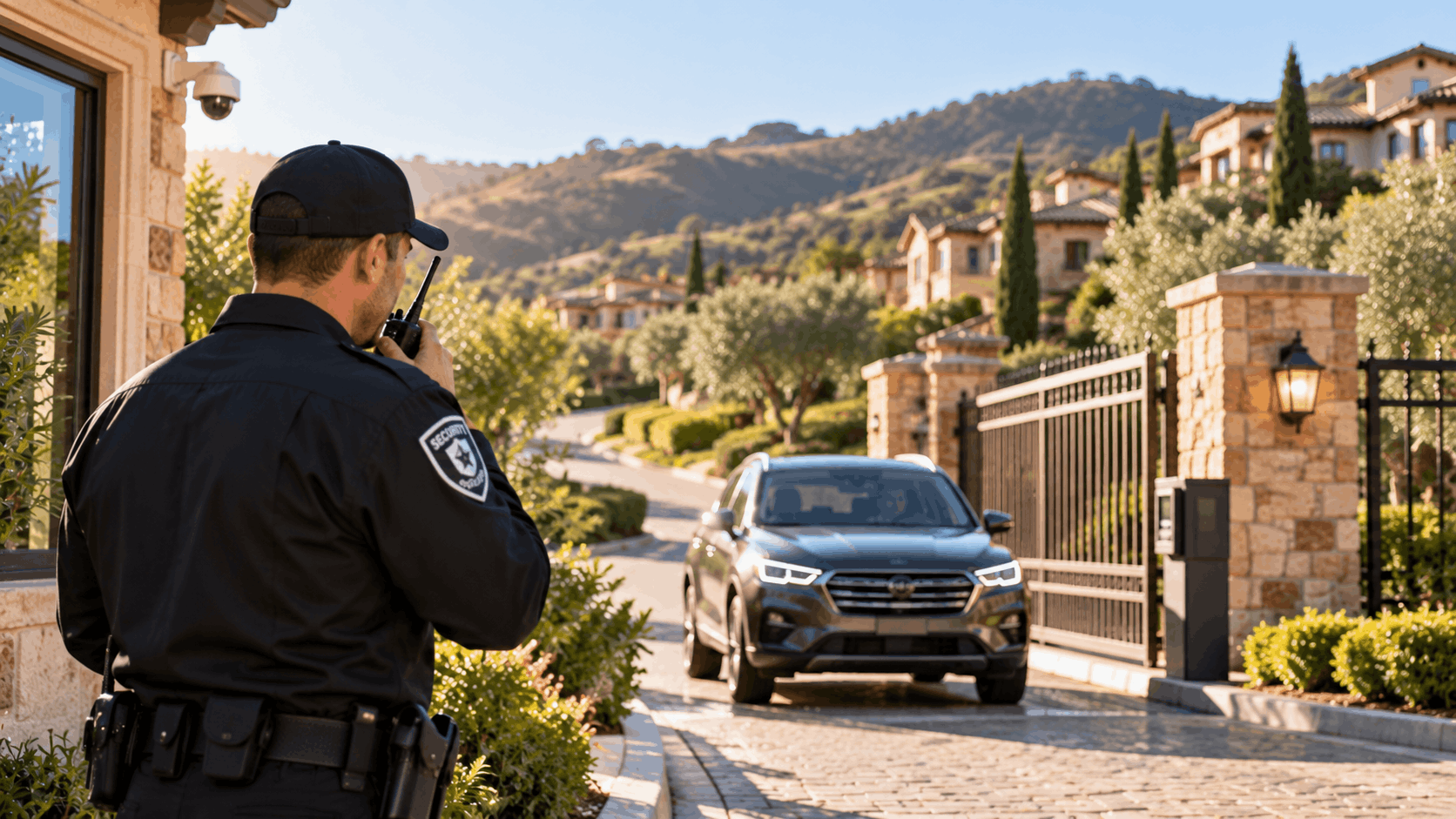 Security guard using radio at gated luxury home entrance monitoring arriving vehicle