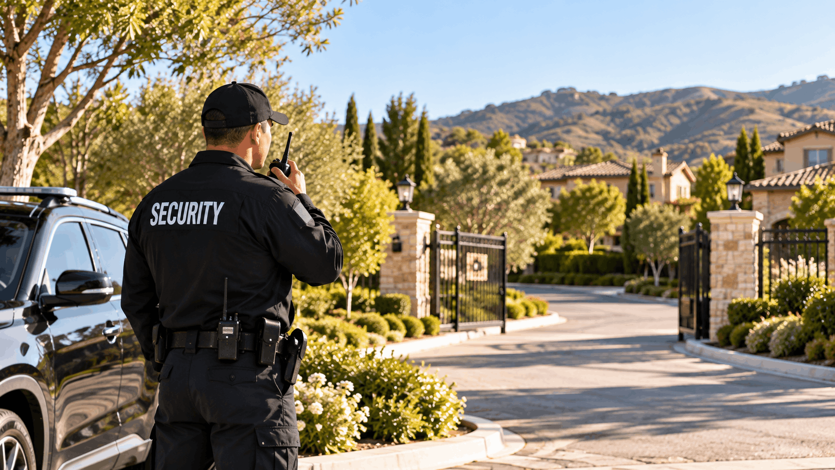 Security guard using radio at gated luxury community entrance in San Diego hills