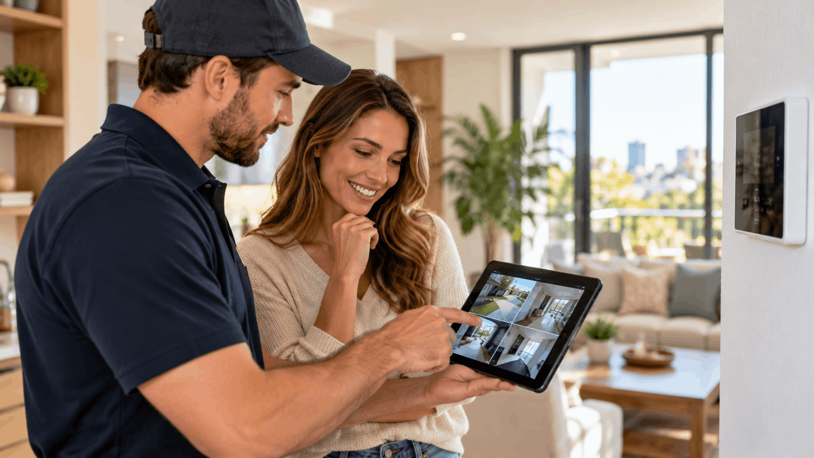 Security technician showing homeowner home surveillance camera footage on tablet in modern living room