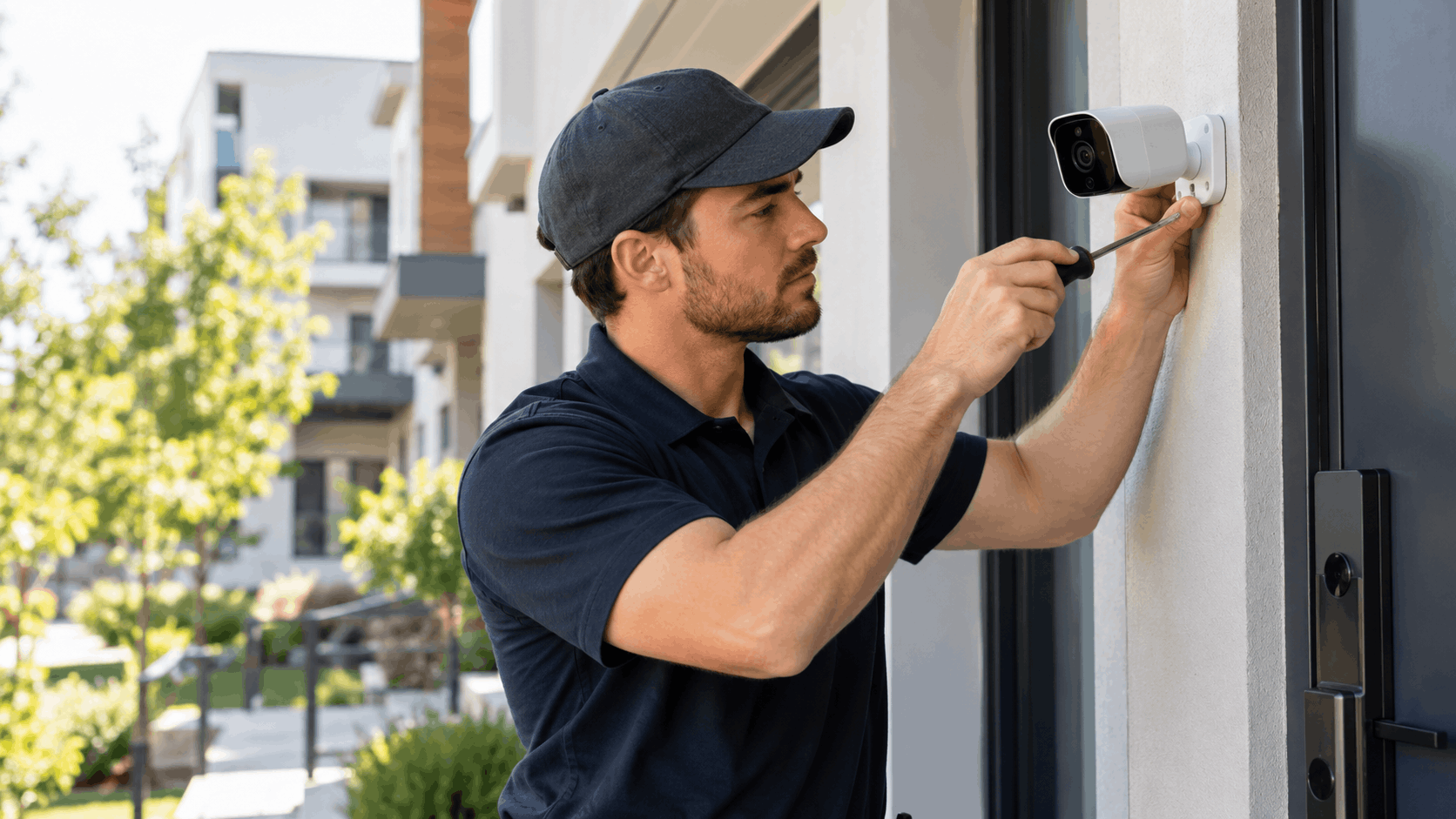 Security technician installing outdoor surveillance camera on residential property exterior wall