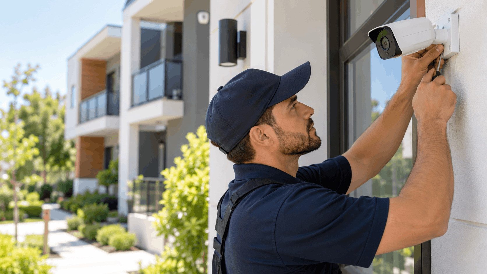 Security technician installing outdoor surveillance camera on residential building exterior wall