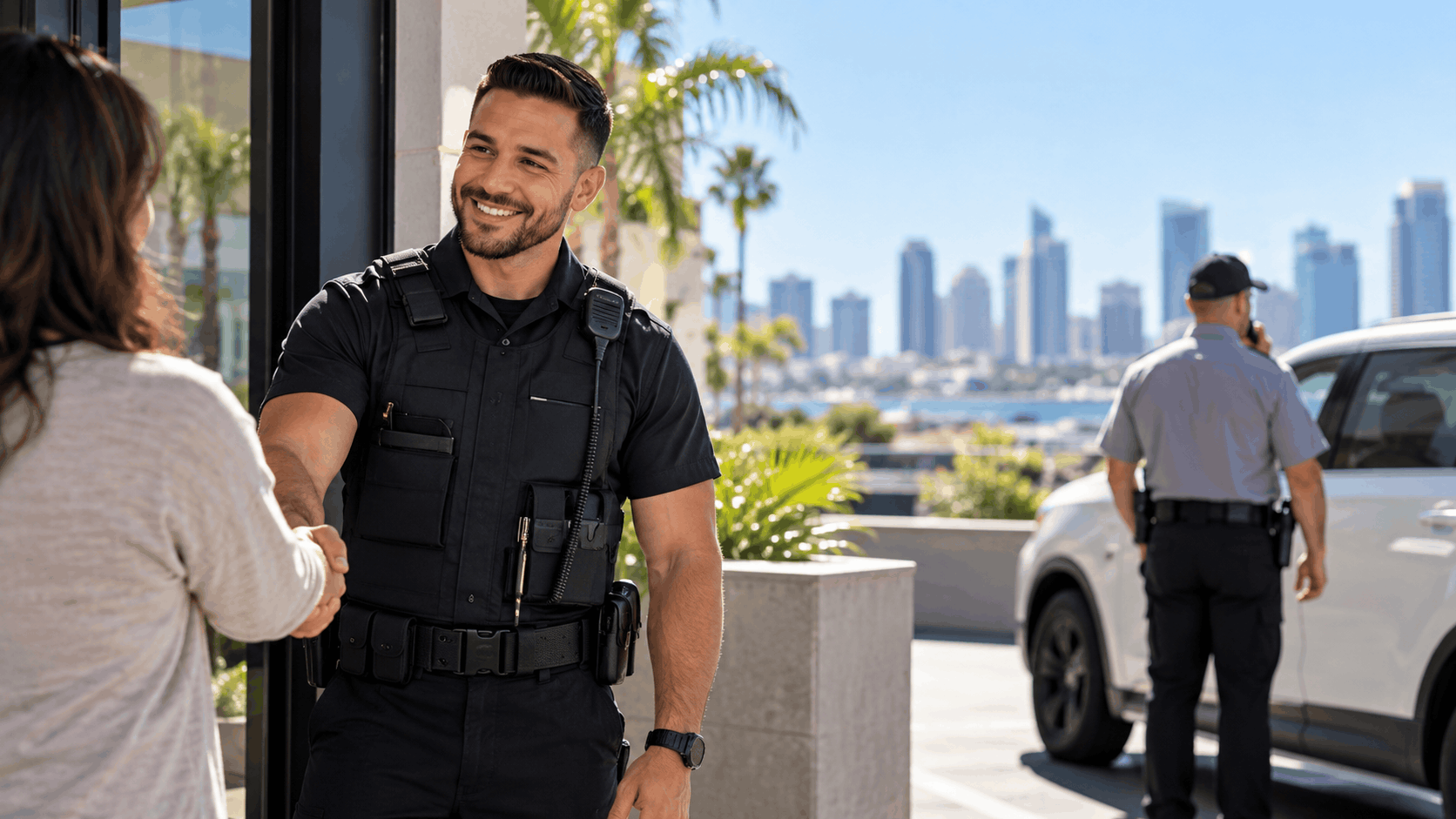 Friendly San Diego security guard shaking hands with client outside modern building