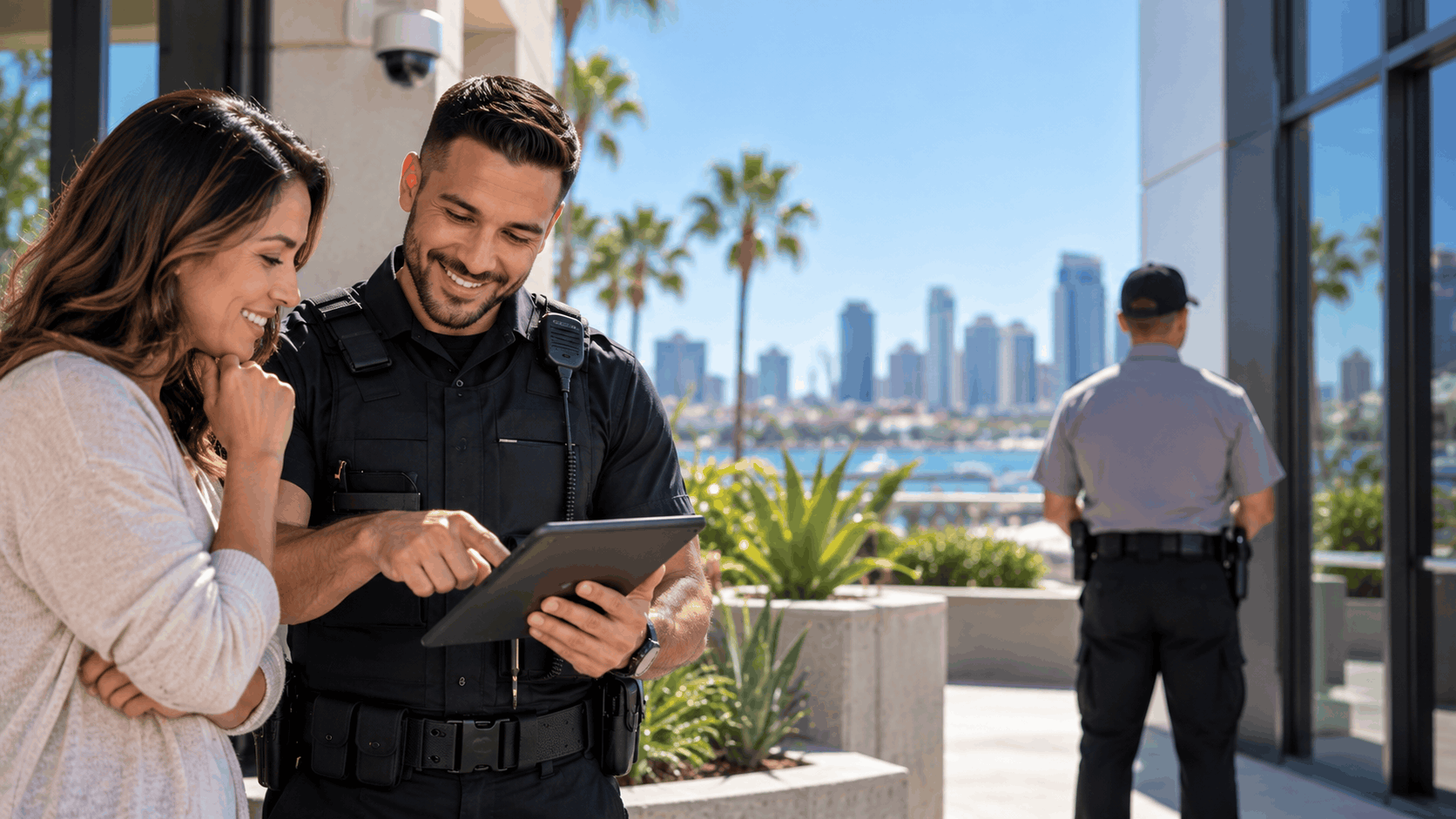 Friendly San Diego security officer showing tablet to smiling woman near waterfront