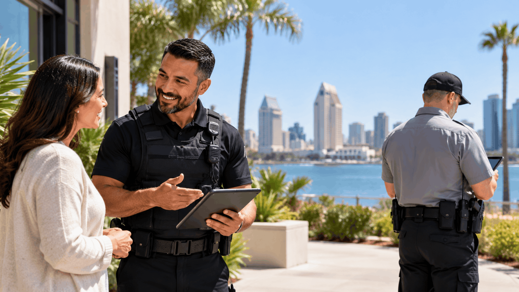 Security guard consulting with homeowner on tablet with San Diego skyline background