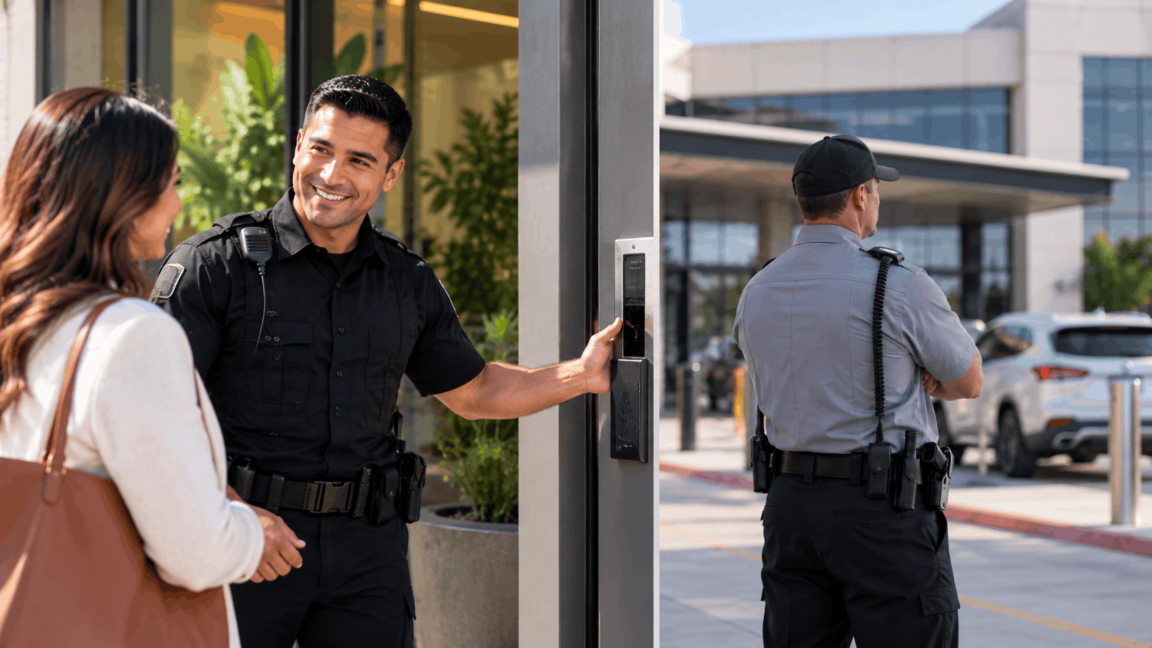 Security guard smiling while granting woman access through building entrance door panel