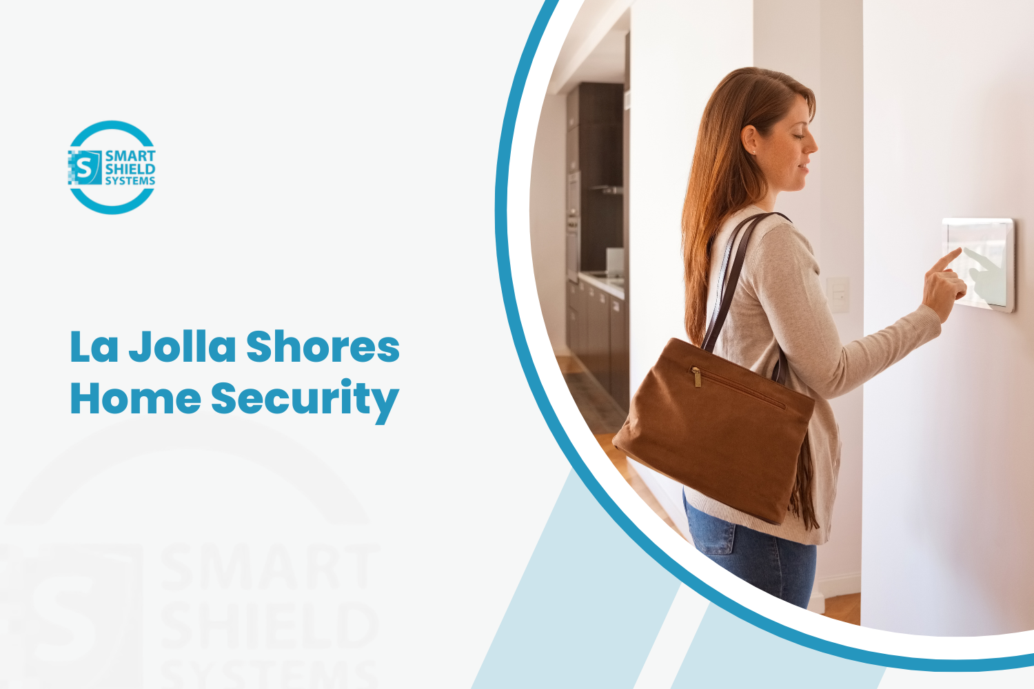 Woman activating smart home security panel before leaving La Jolla Shores home
