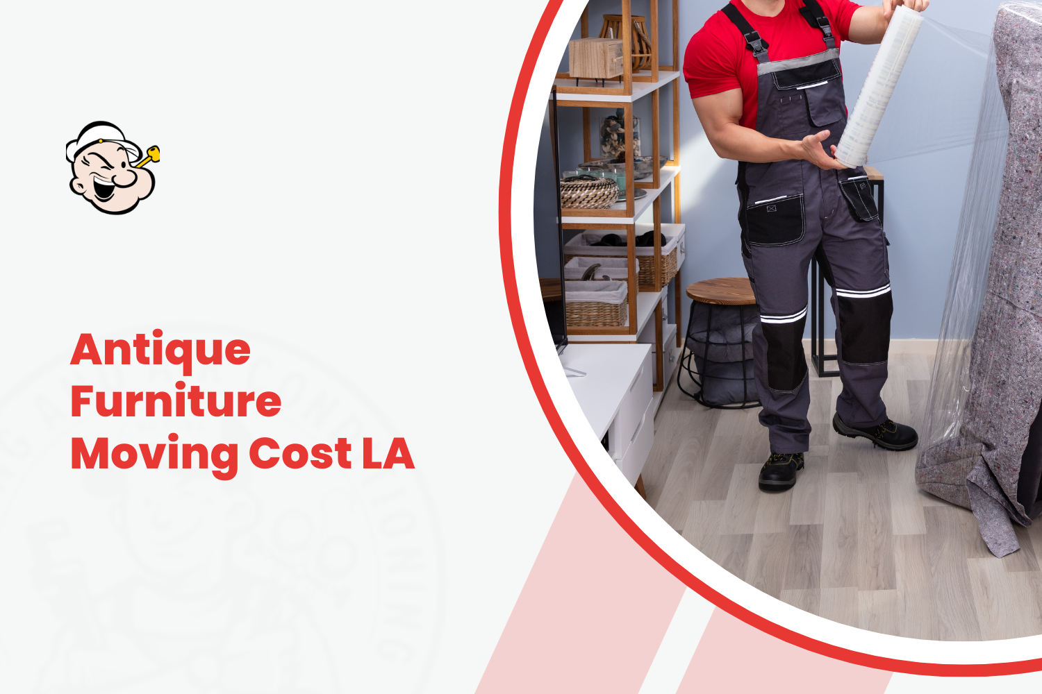 A mover wrapping antique furniture in protective plastic film in Los Angeles