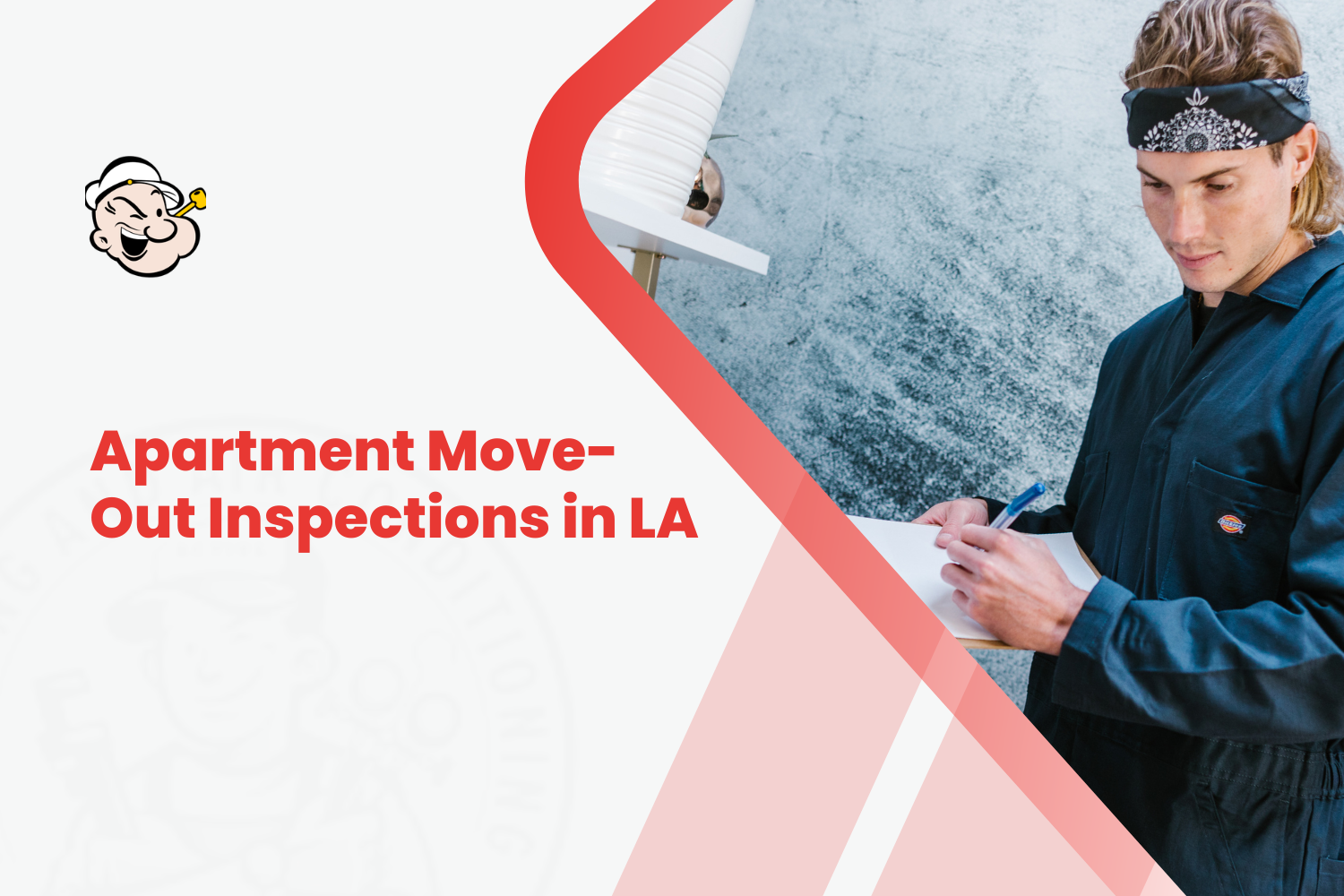 Inspector in Dickies coveralls writing notes during an LA apartment move-out inspection
