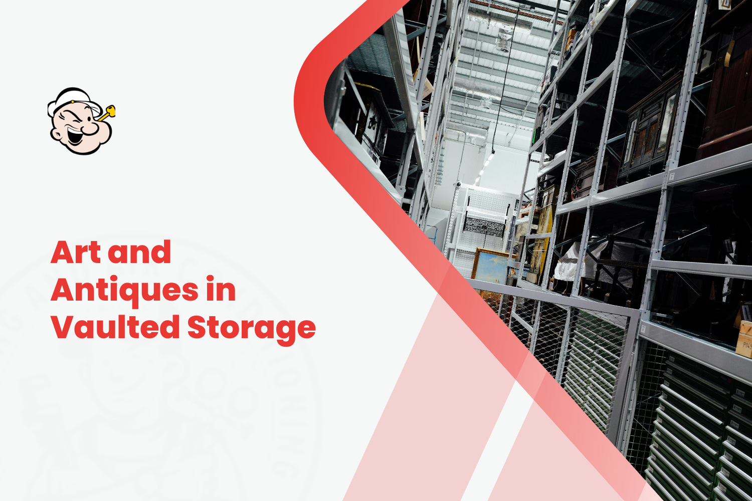 Tall metal shelving racks storing framed artwork and antiques in vaulted warehouse storage facility