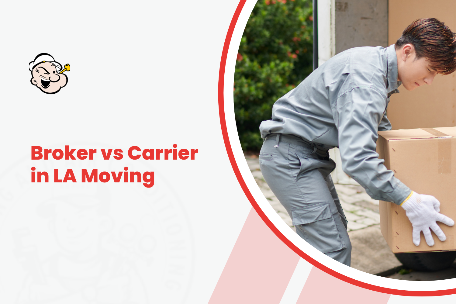 Mover in gray uniform loading cardboard boxes into truck for LA moving
