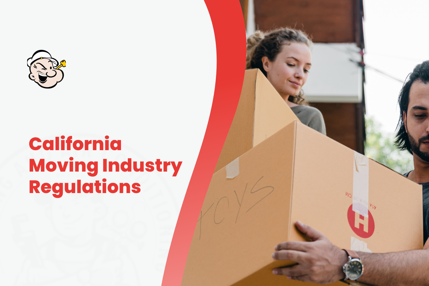 Two people carrying labeled cardboard moving boxes under California Moving Industry Regulations guide