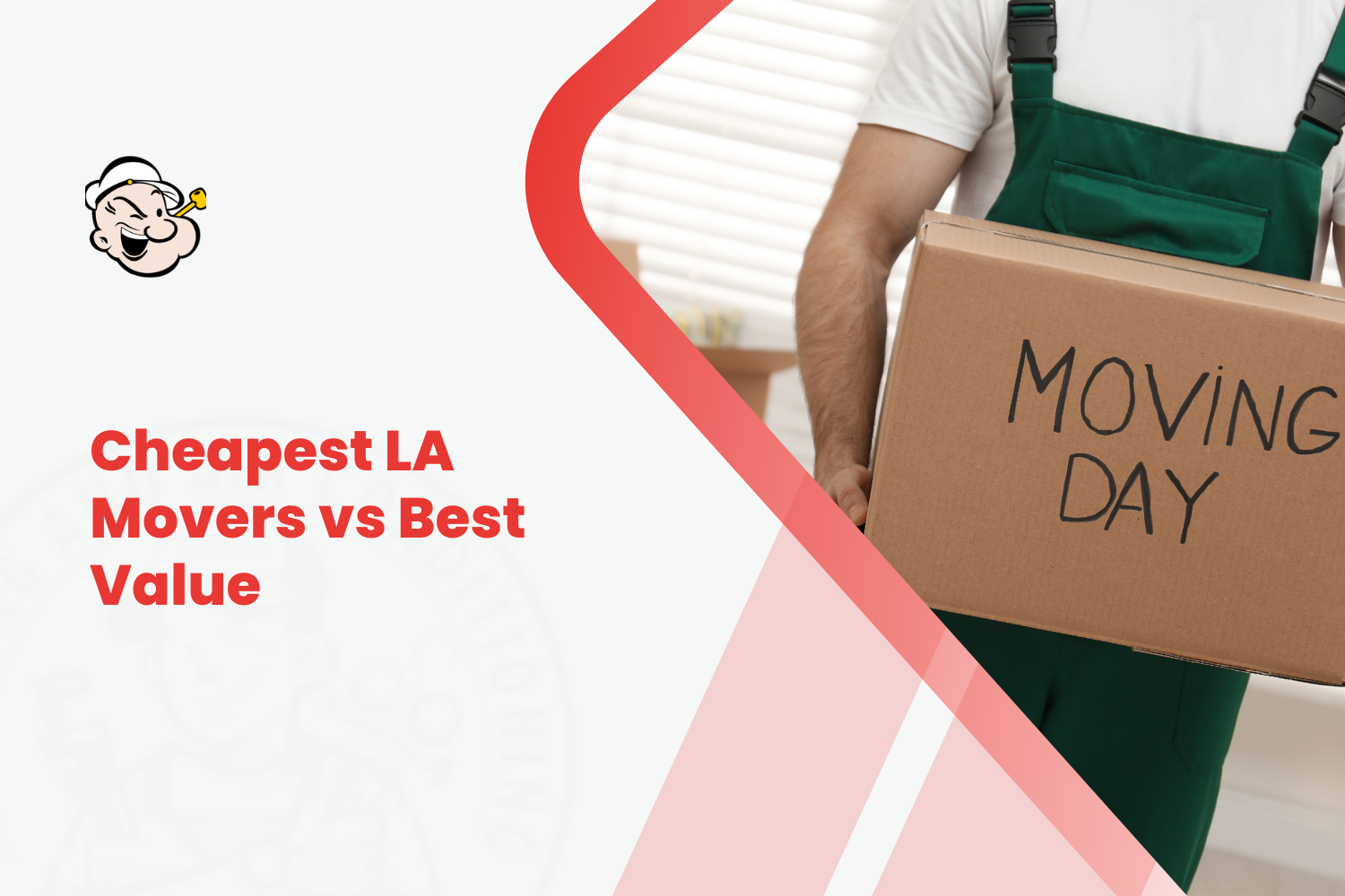 Mover in green overalls carrying cardboard box labeled Moving Day in Los Angeles