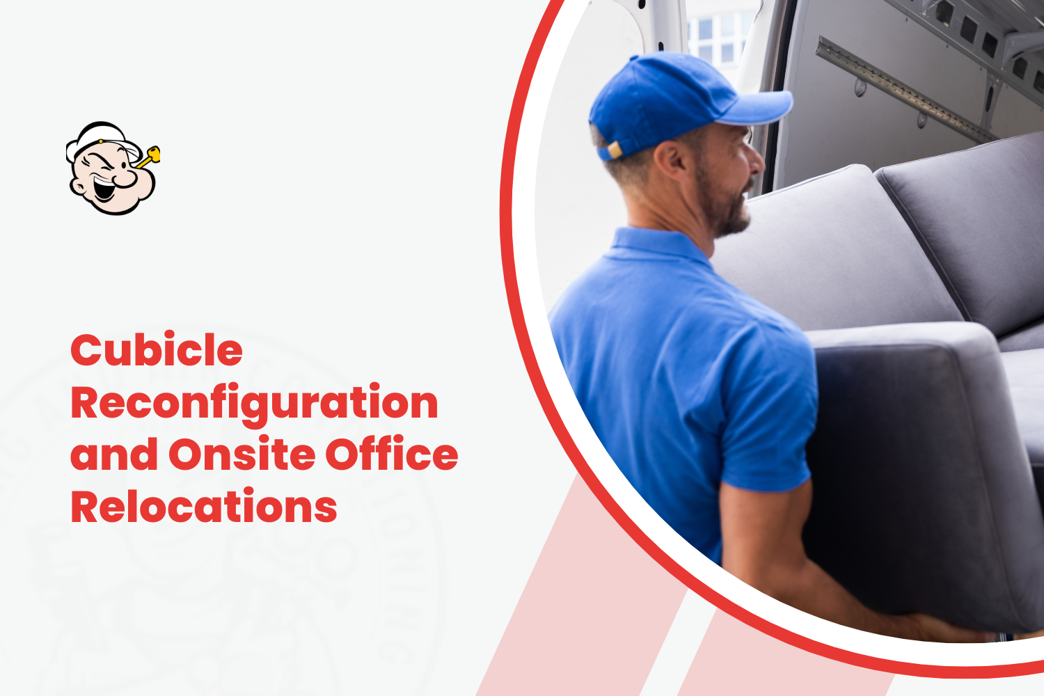 Mover in blue uniform loading gray office furniture into delivery truck