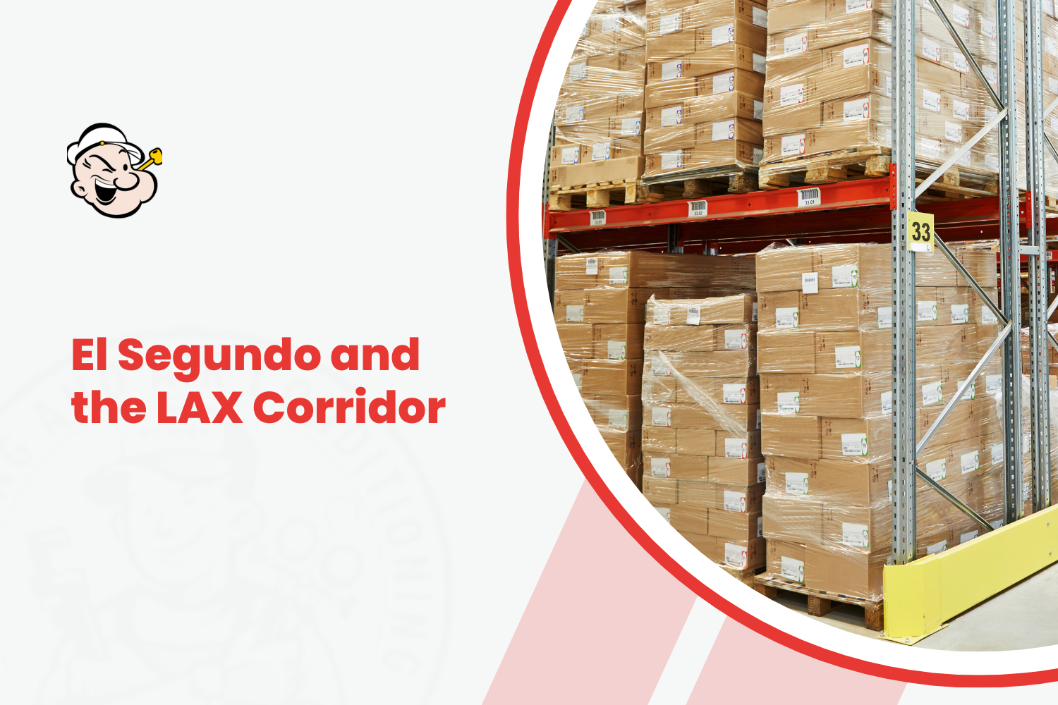 Warehouse shelving with palletized cardboard boxes near LAX Corridor El Segundo logistics hub