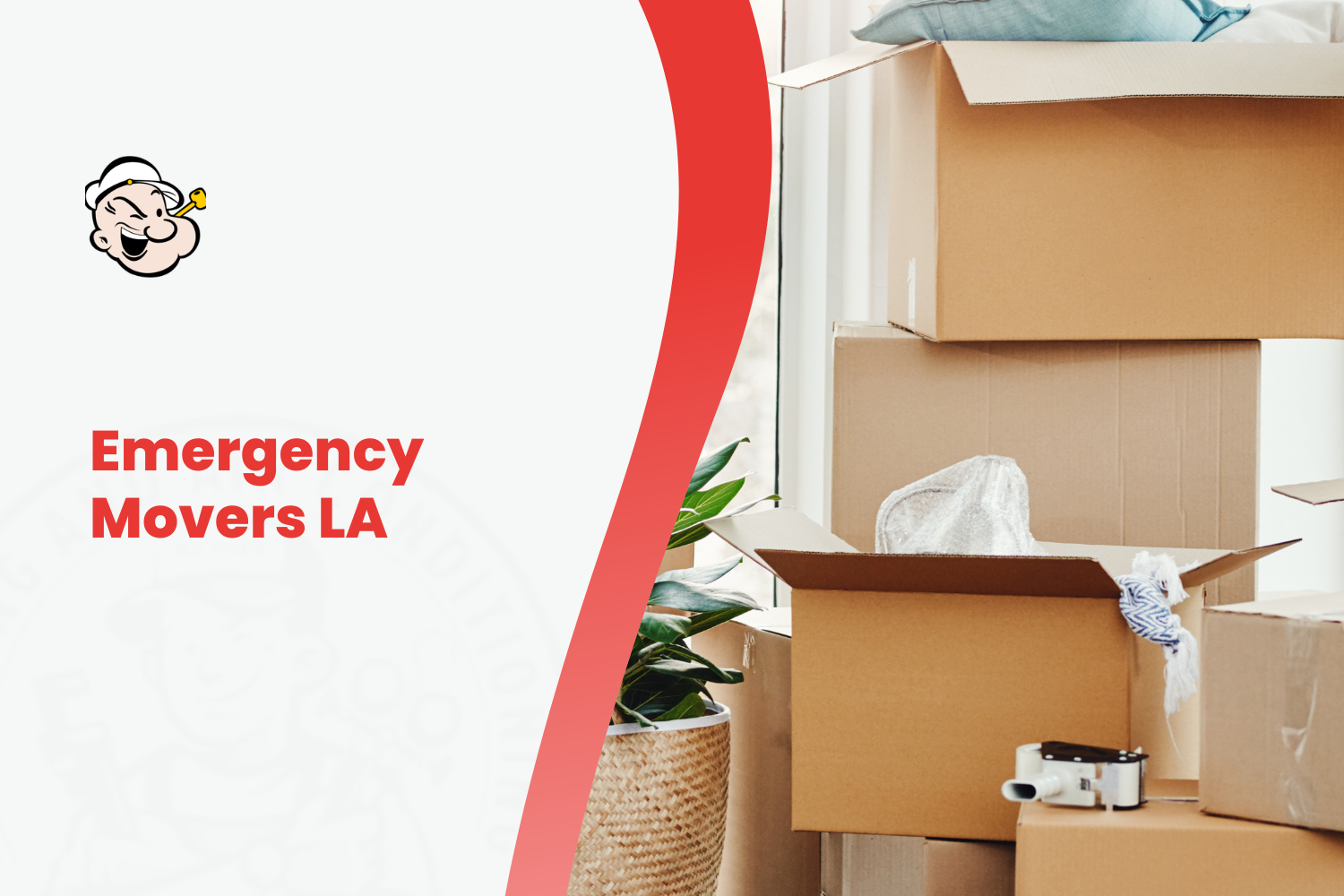 Stacked cardboard moving boxes and plant near window for emergency LA move