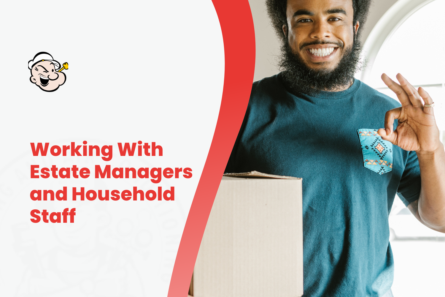 Smiling delivery man holding cardboard box and waving at estate service entrance