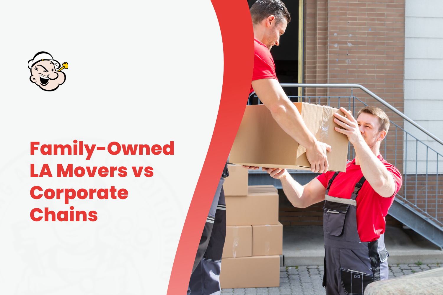 Two movers in red shirts passing cardboard boxes outside a brick building