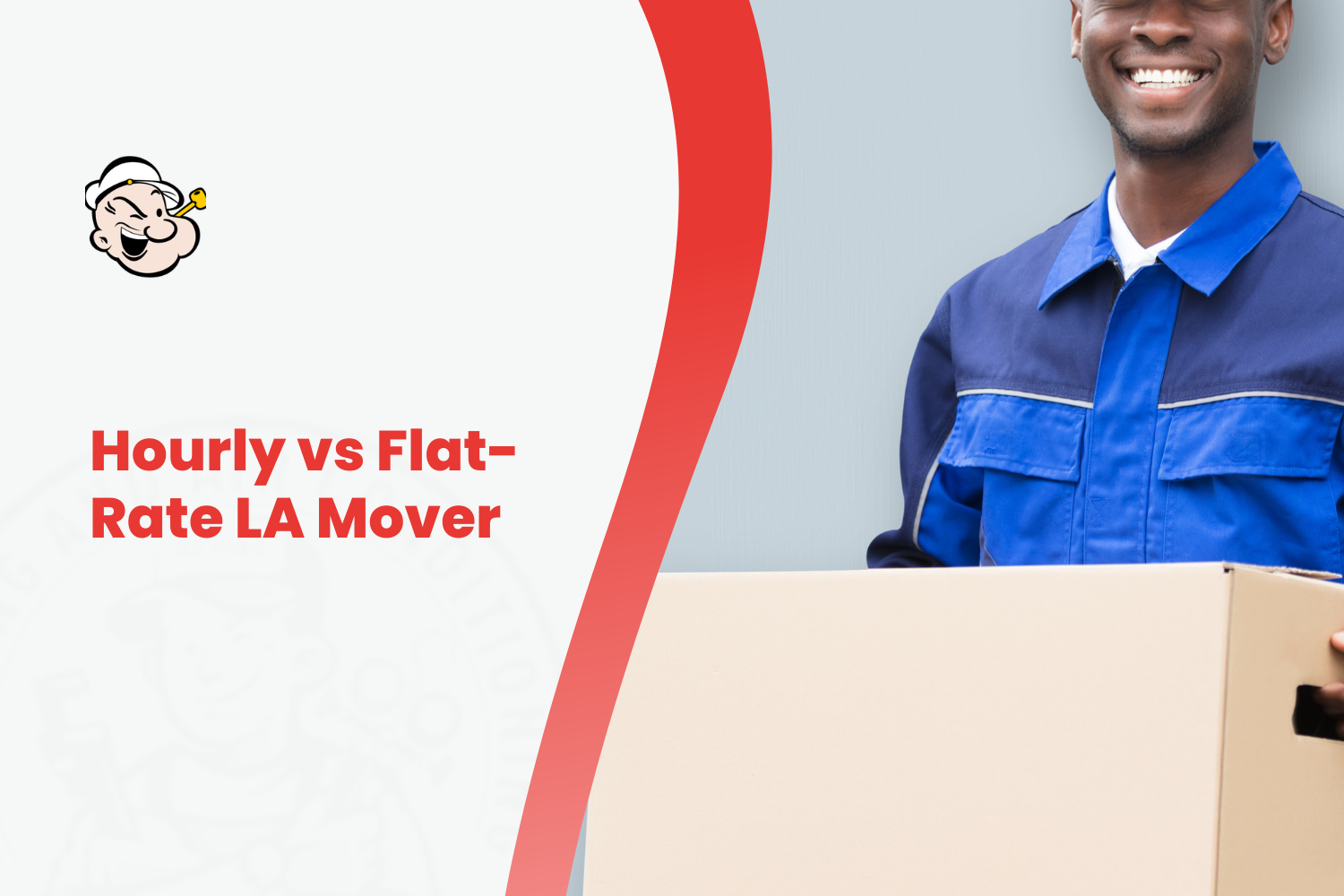 Smiling mover in blue uniform holding cardboard box for LA moving service