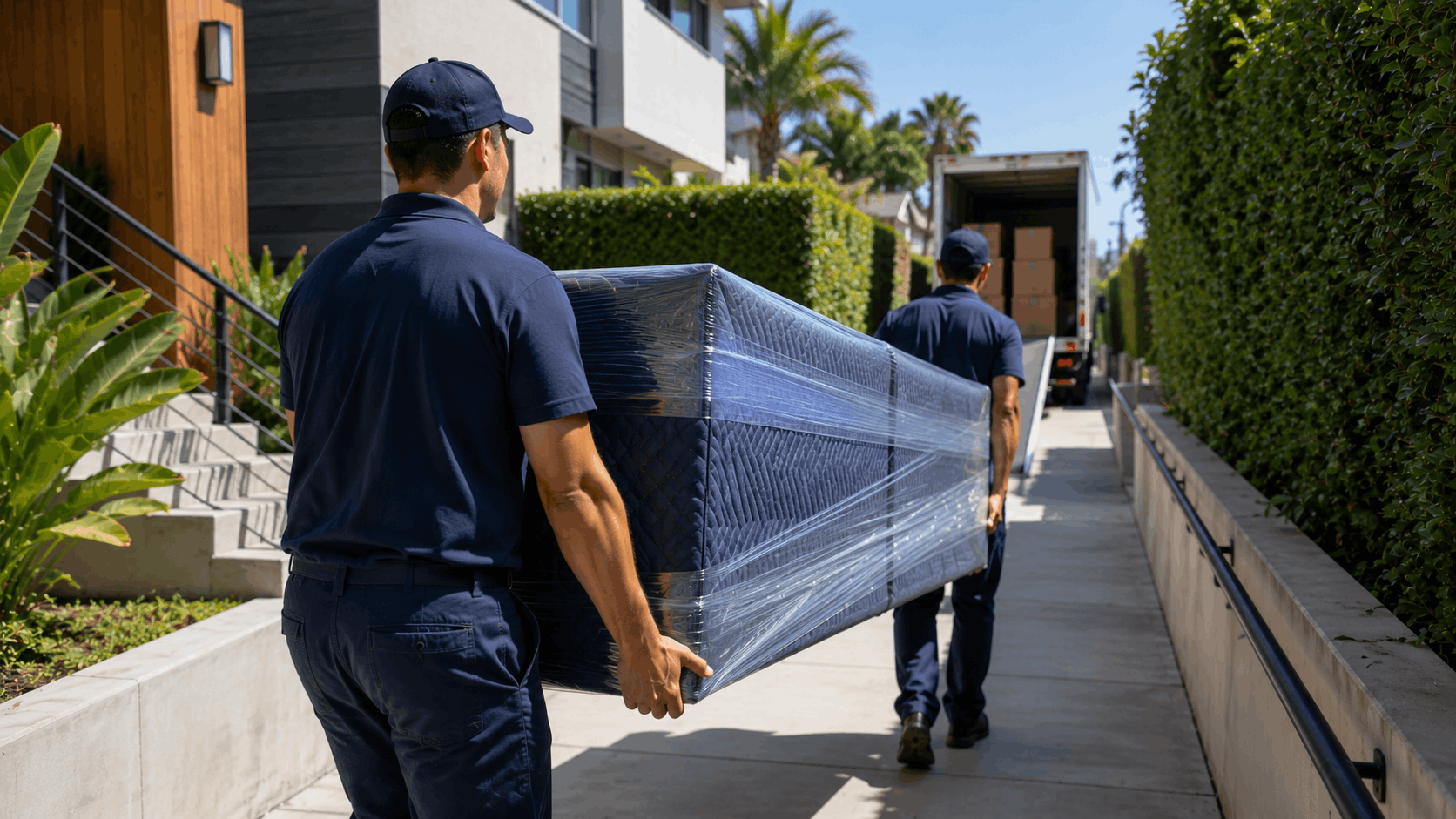 Two professional movers carrying wrapped mattress along long walkway toward moving truck
