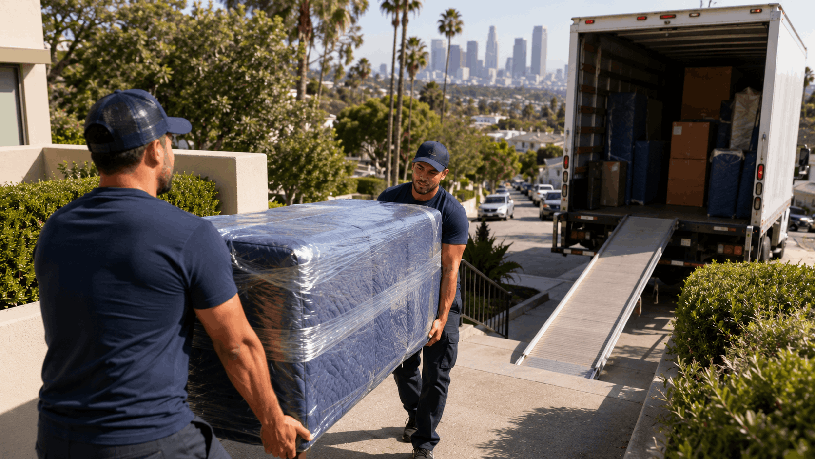 Two professional movers carrying wrapped mattress toward moving truck in Los Angeles
