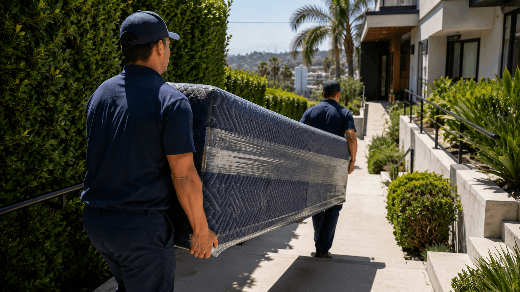 Two movers in blue uniforms carrying wrapped mattress along walkway in Los Angeles