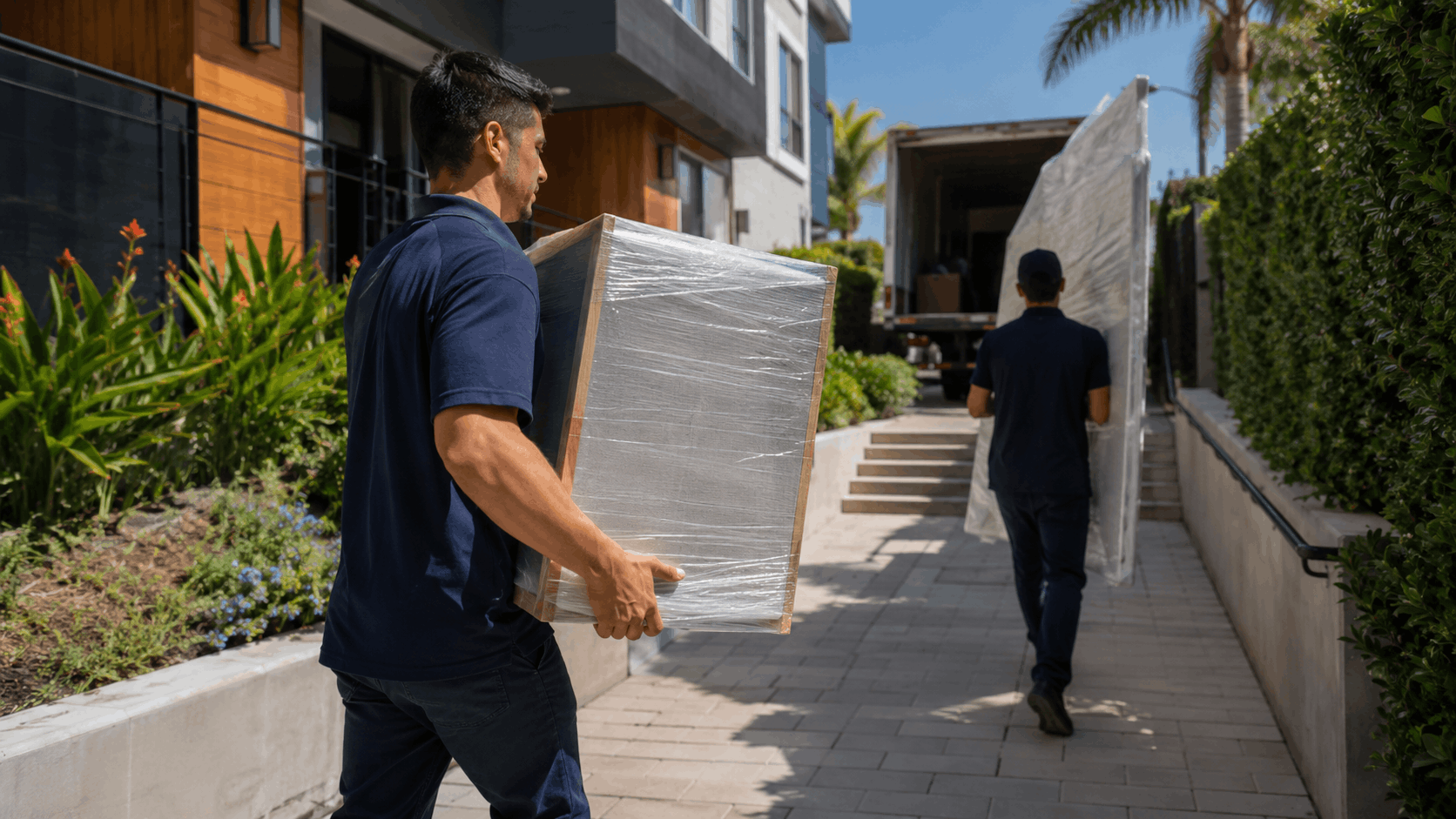 Two Popeye Moving and Storage movers carrying wrapped furniture toward moving truck in Los Angeles
