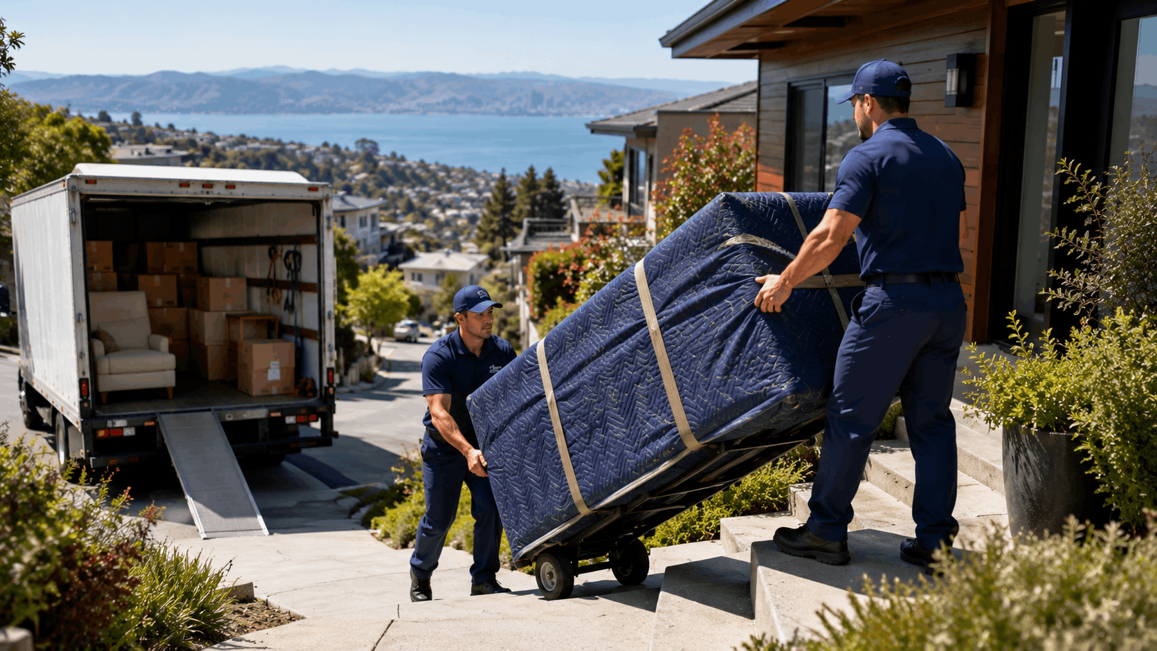 Two professional movers carrying wrapped mattress up hillside home steps in Los Angeles