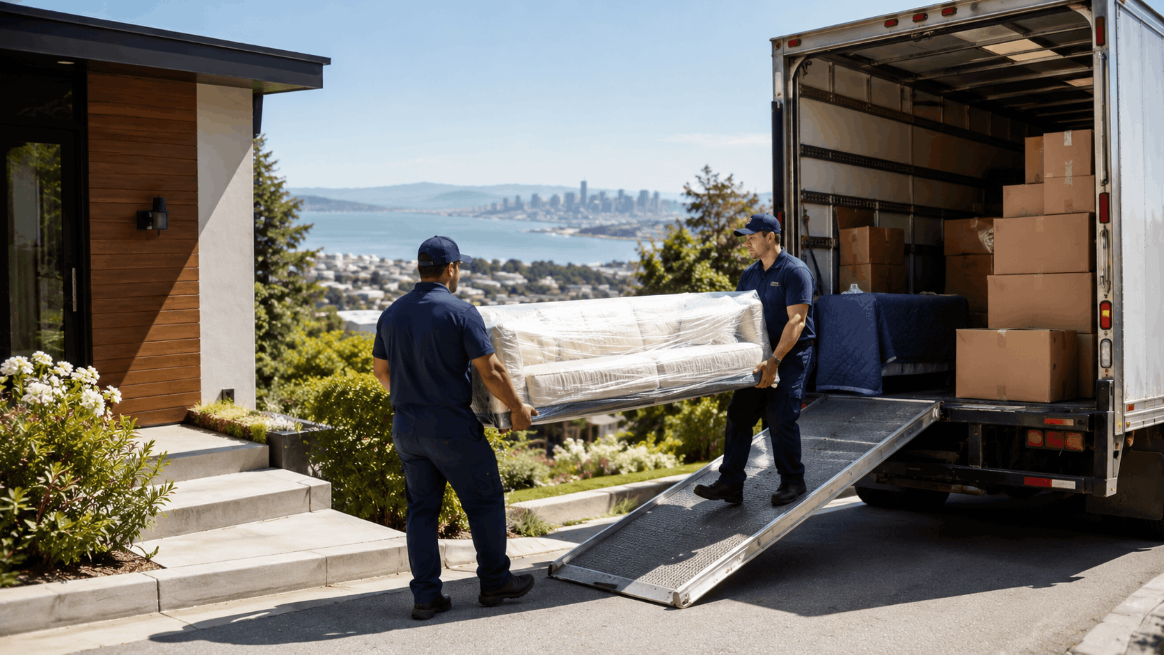 Two professional movers unloading wrapped sofa from moving truck at hillside home