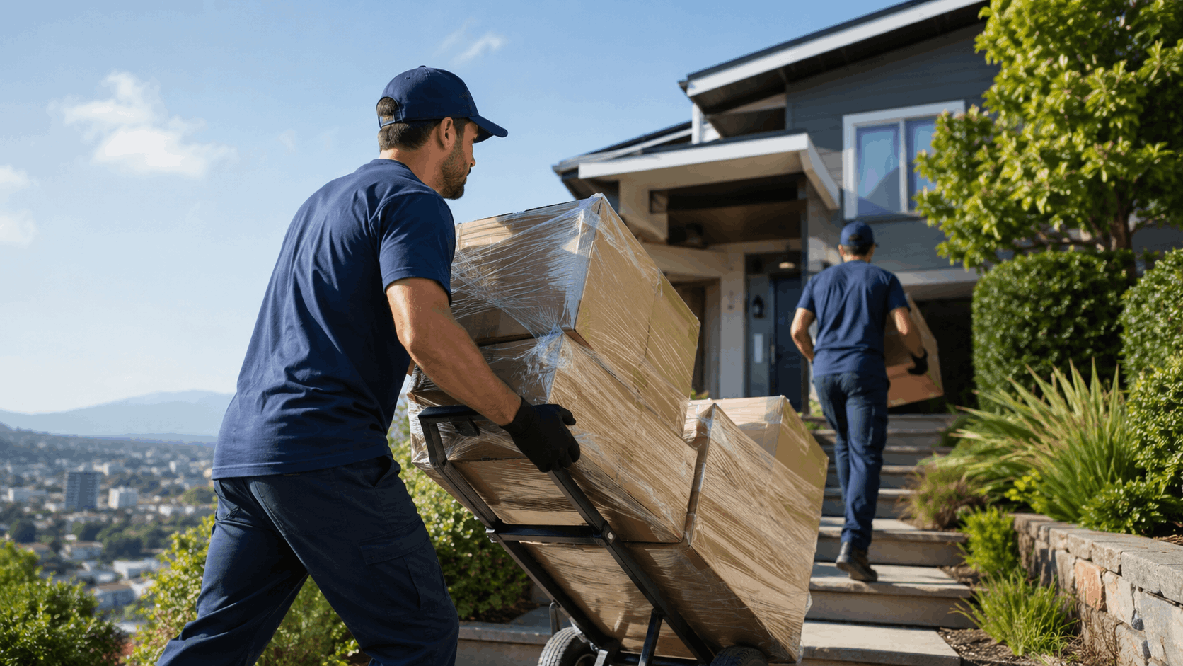 Two Popeye Moving crew members delivering wrapped furniture to Los Angeles hillside home