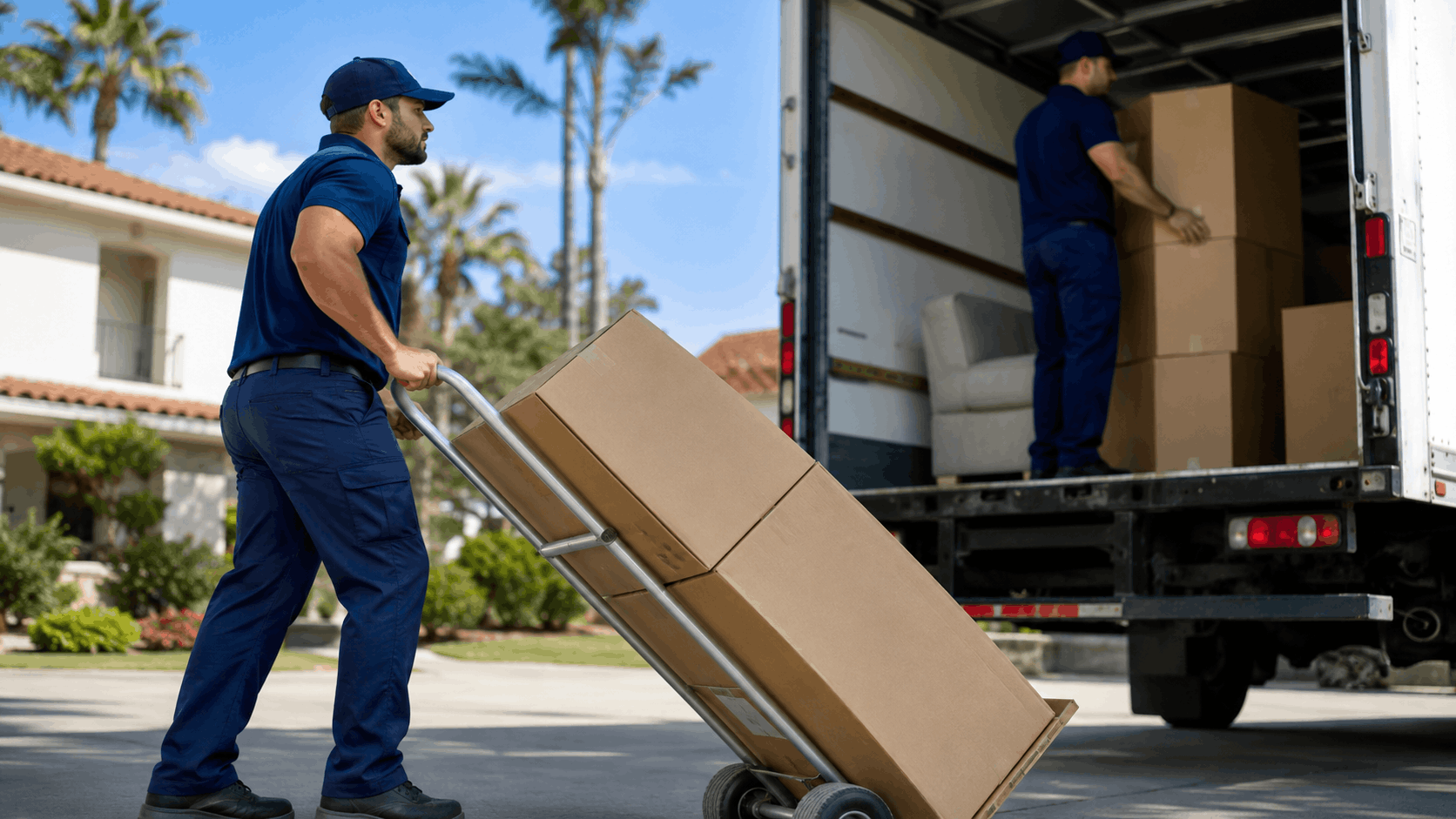 Two professional movers in blue uniforms loading cardboard boxes into moving truck