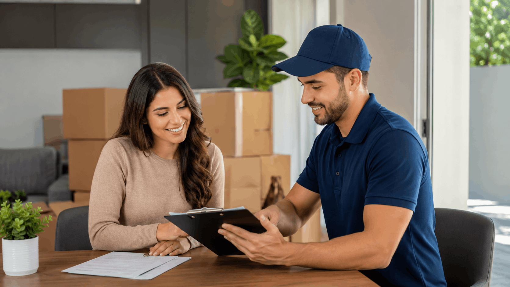 Smiling woman signing moving documents with friendly delivery professional and cardboard boxes