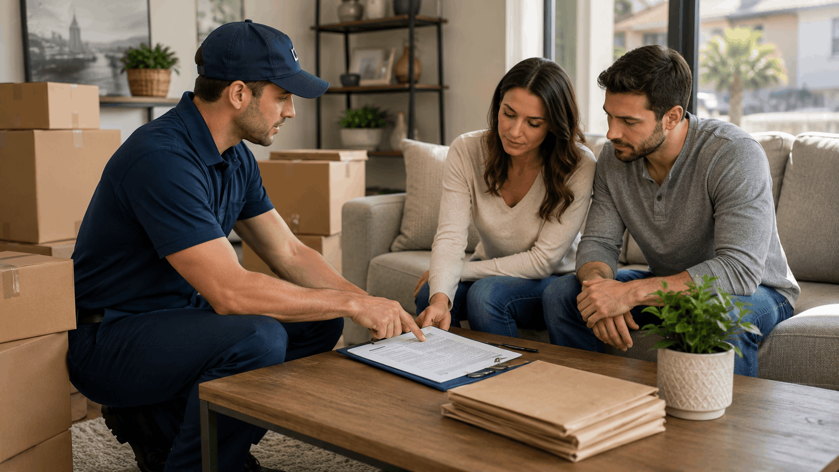 Moving company representative reviewing contract with couple amid packed cardboard boxes