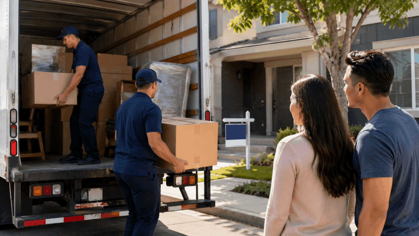 Couple watching professional movers unload boxes from truck at new Los Angeles home