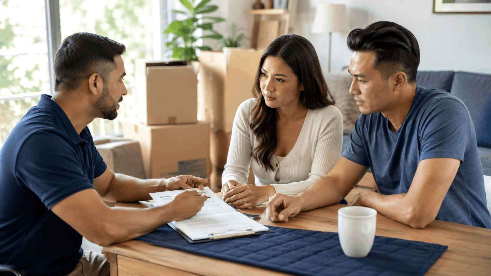 Couple reviewing moving contract with Popeye Moving representative at table with boxes