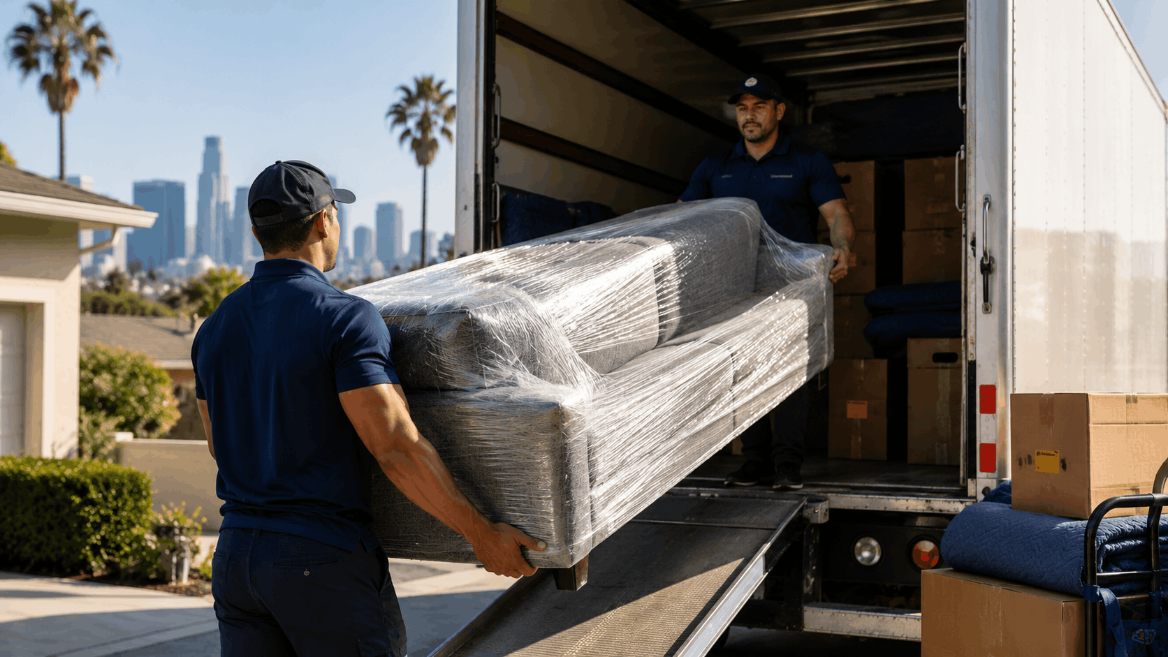 Two professional movers unloading a plastic-wrapped sofa from a moving truck in Los Angeles