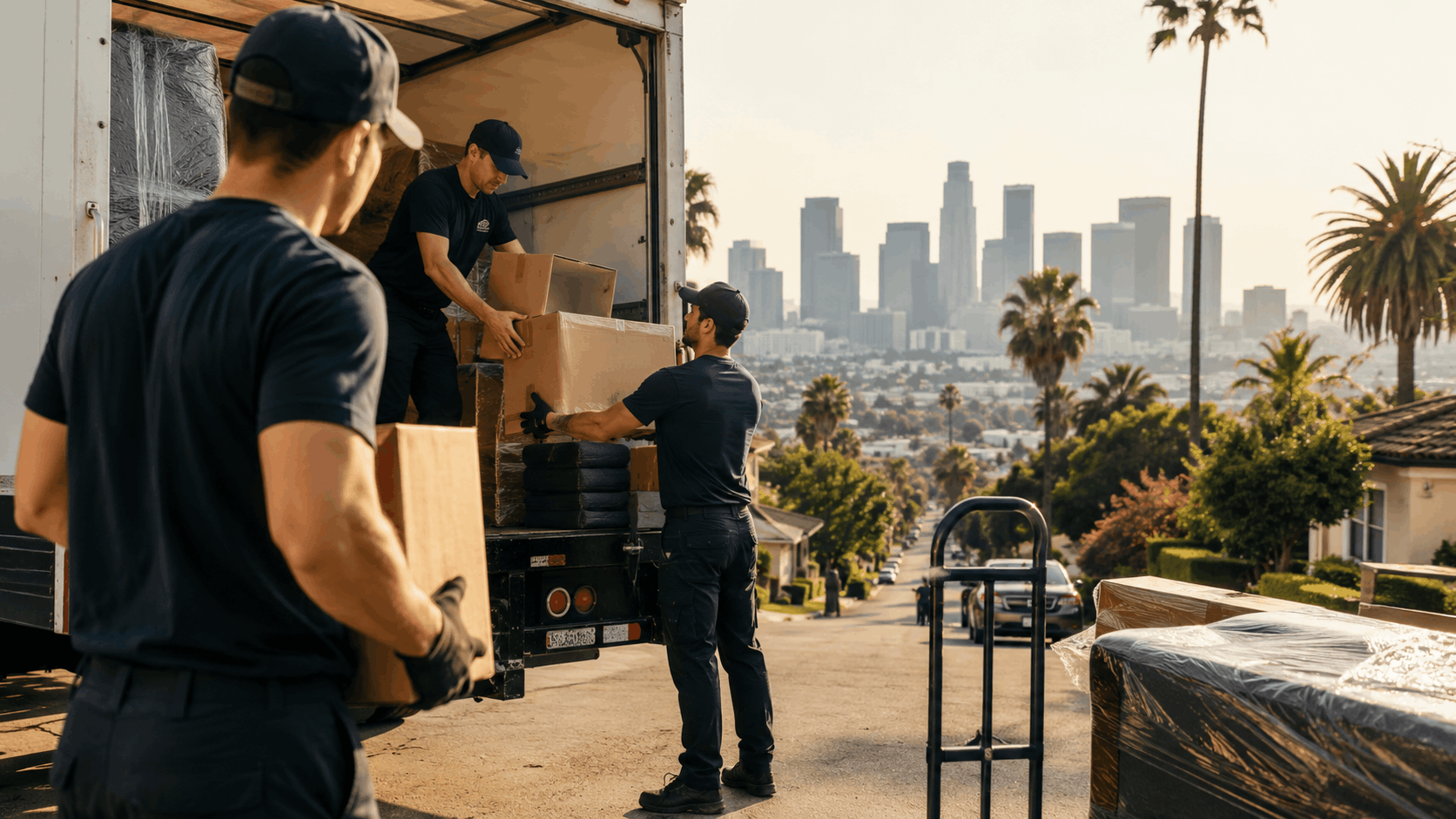 Professional movers unloading boxes from moving truck with Los Angeles skyline backdrop
