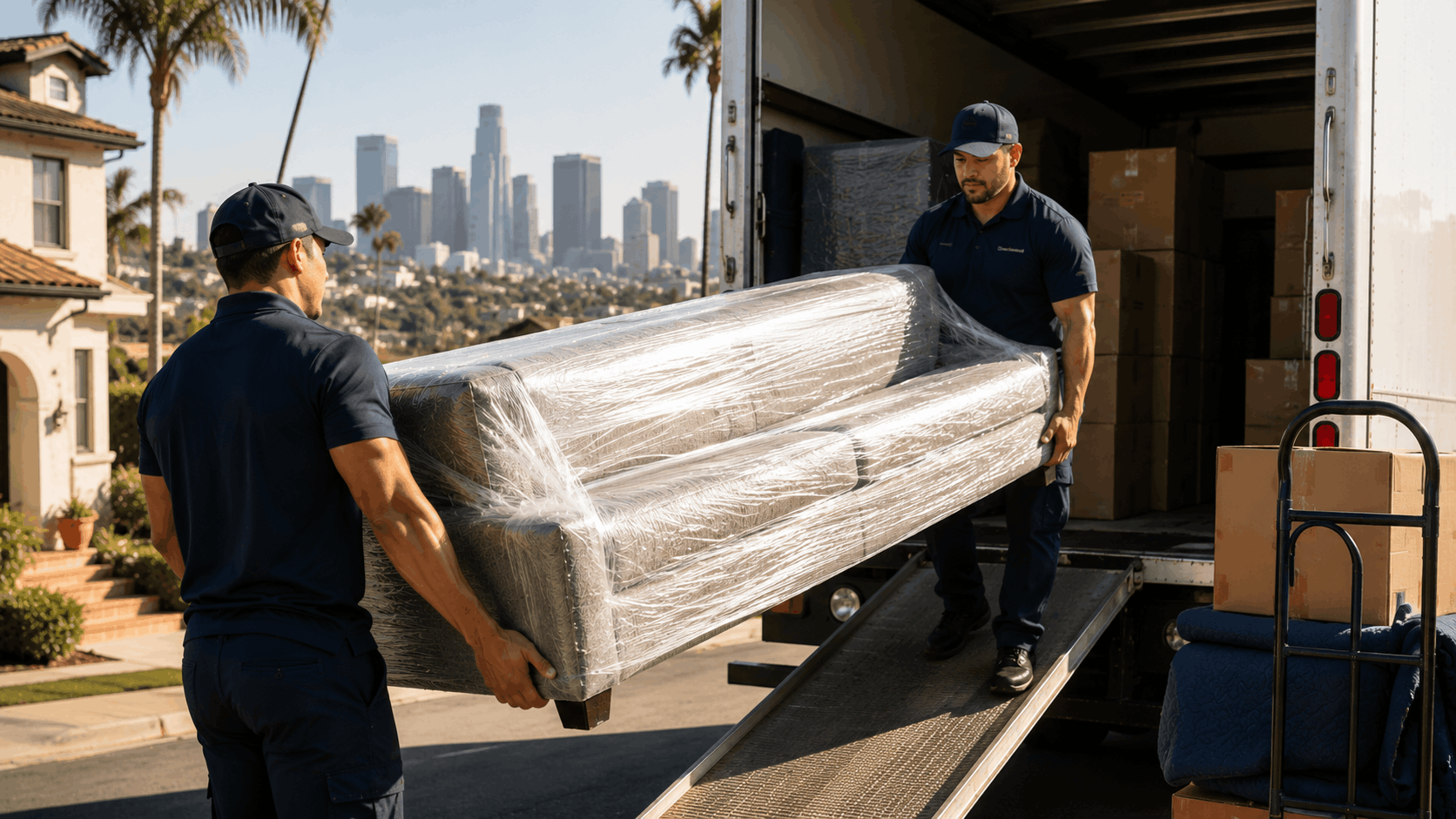 Two professional movers loading plastic-wrapped sofa into moving truck in Los Angeles