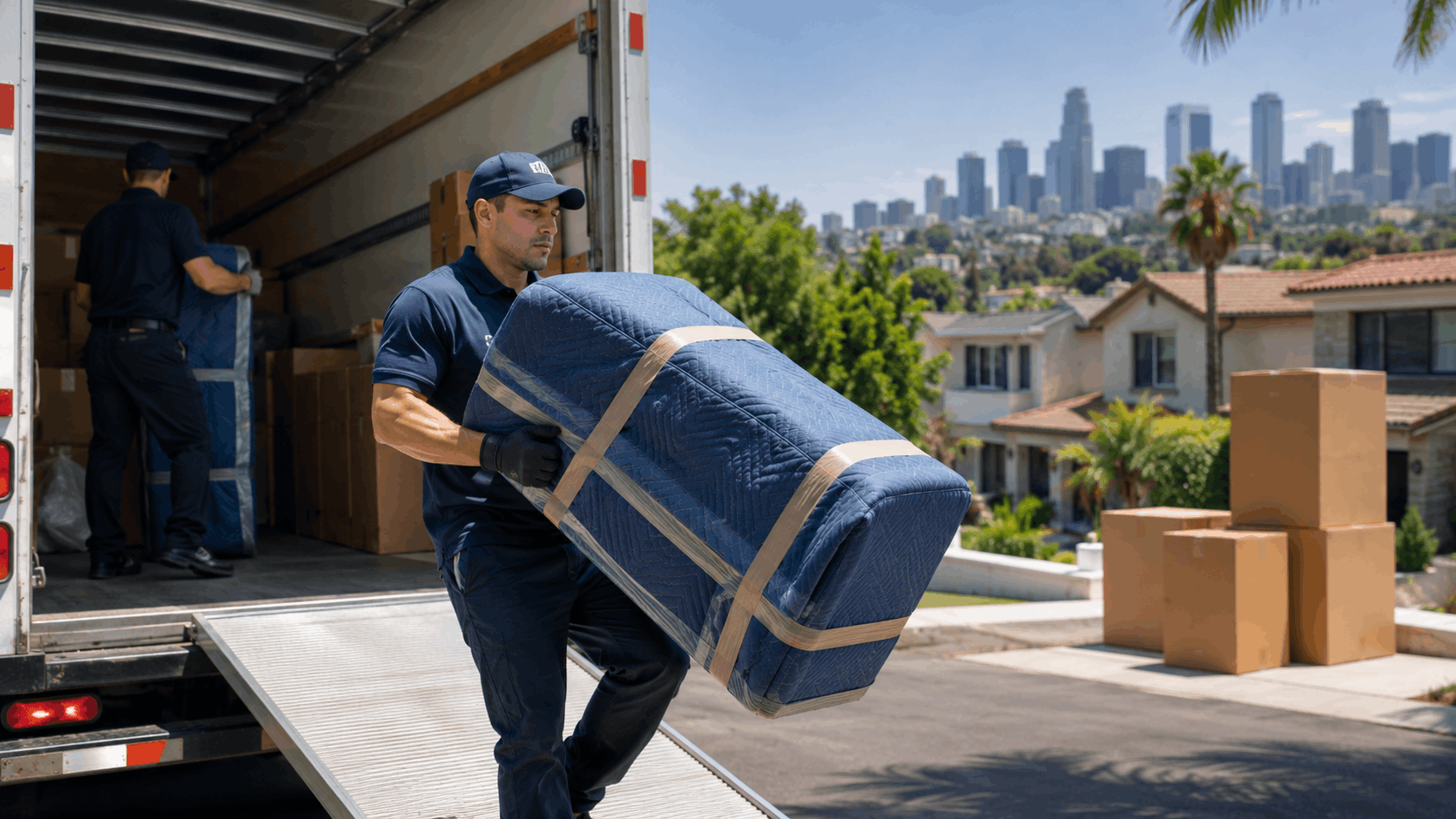 Popeye Moving crew unloading wrapped furniture from truck in Los Angeles neighborhood
