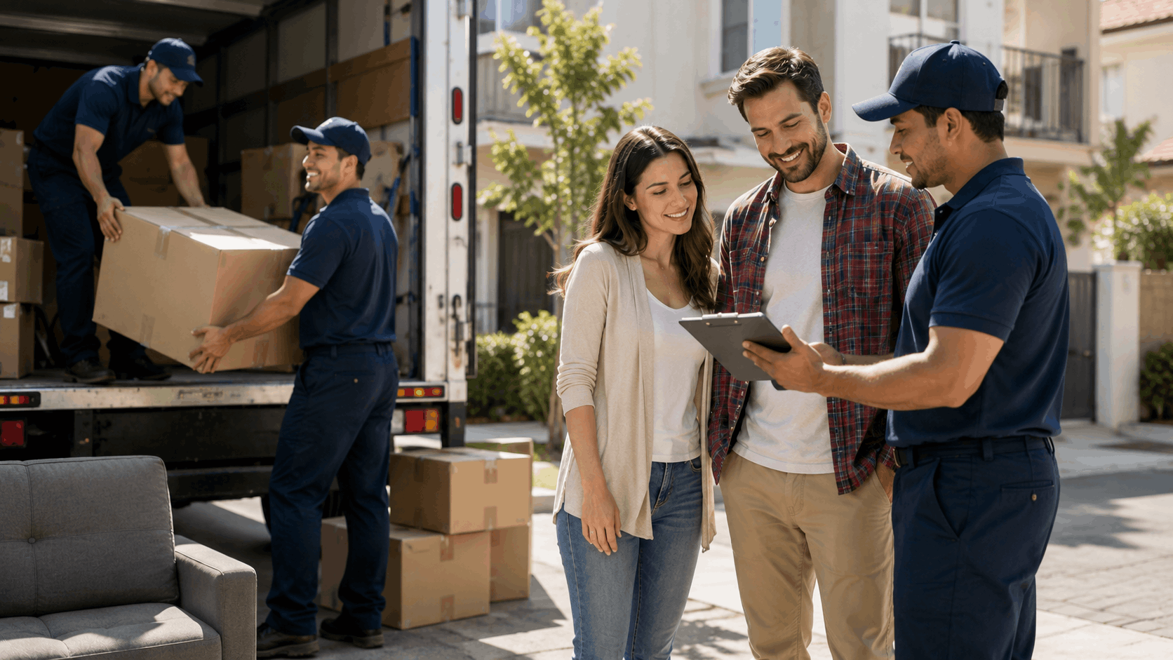 Smiling couple reviewing clipboard with movers unloading boxes from moving truck