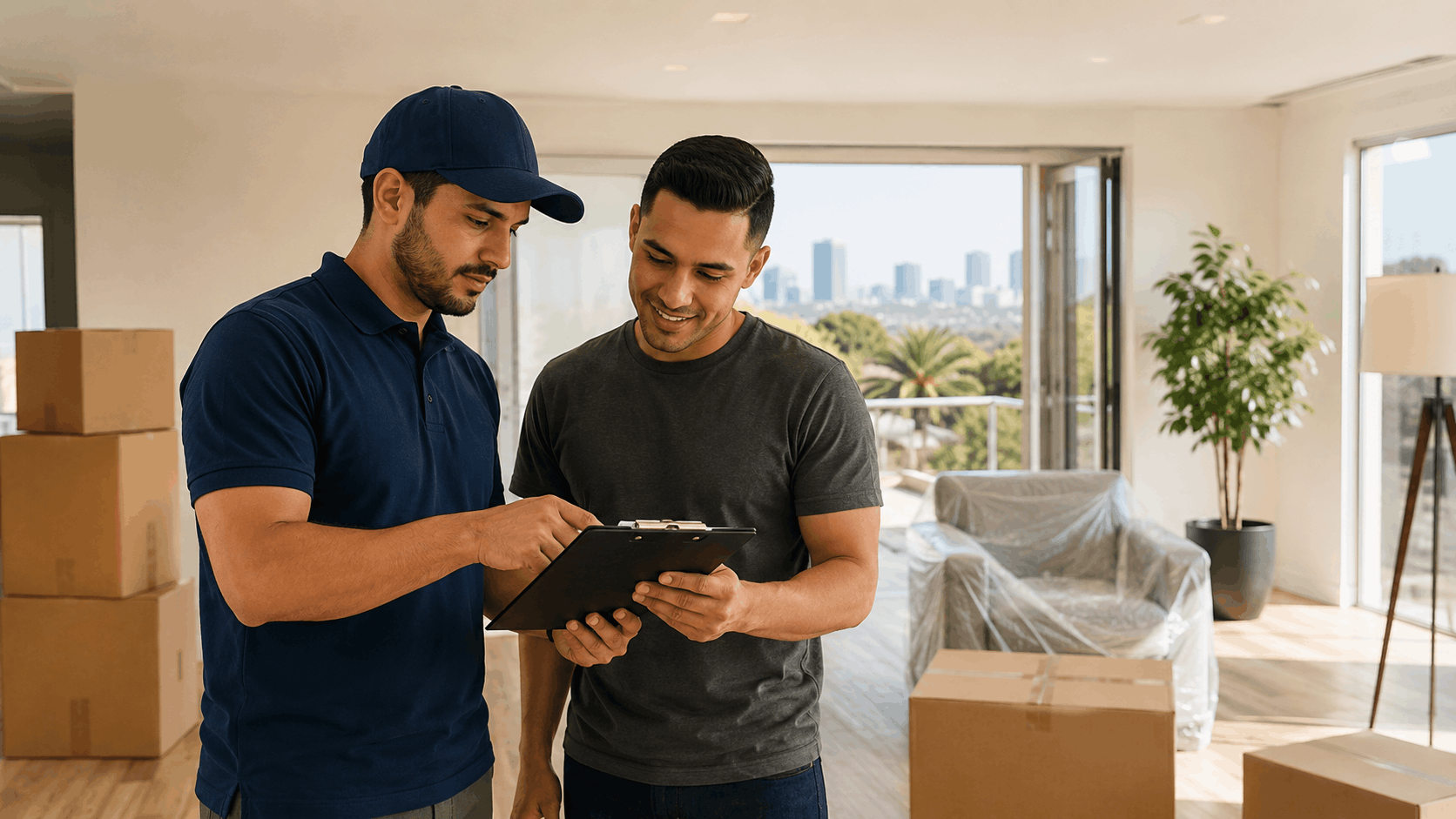 Mover and customer reviewing moving contract on clipboard in Los Angeles home