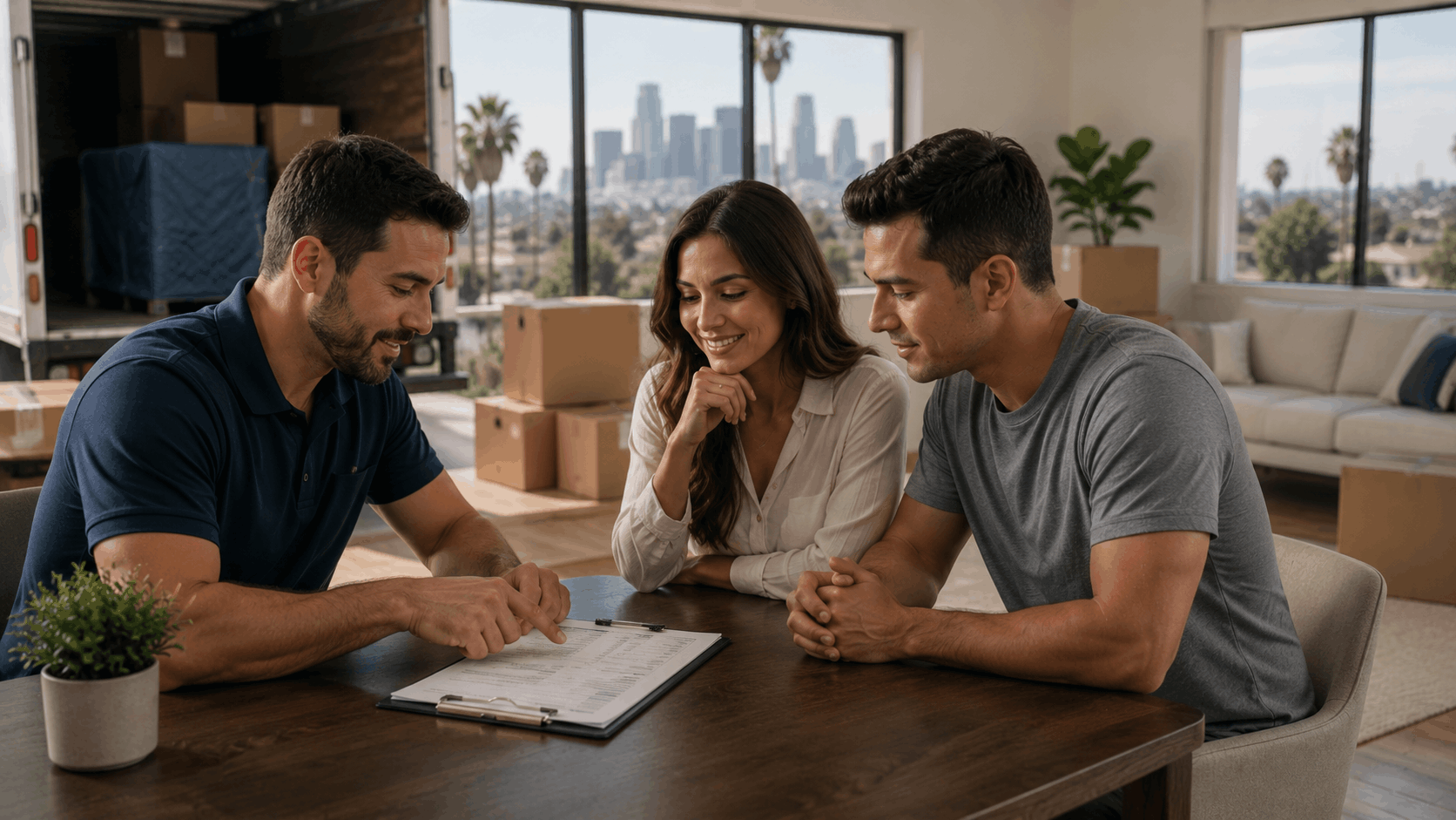 Moving company representative reviewing flat rate pricing contract with couple in Los Angeles home