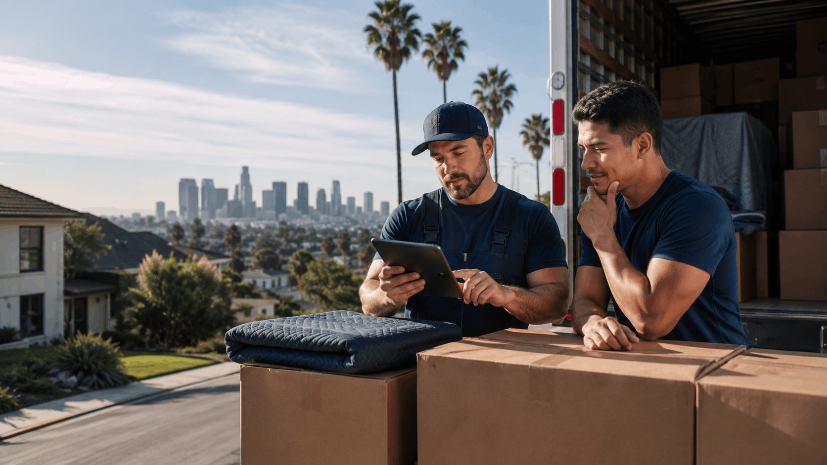 Two Popeye Moving crew members reviewing tablet beside loaded truck in Los Angeles